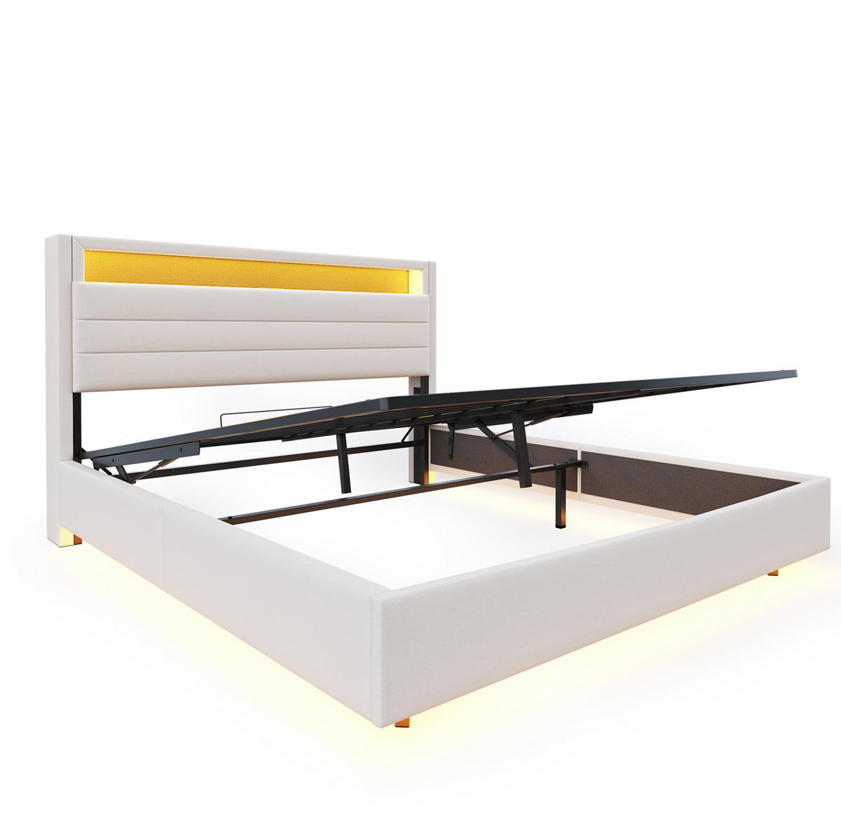 ČALOUNĚNÁ postel 140/200 cm z látky a kovu, béžová, s USB, LED a úložným prostorem - béžová, textil (140/200cm) - BEAOK