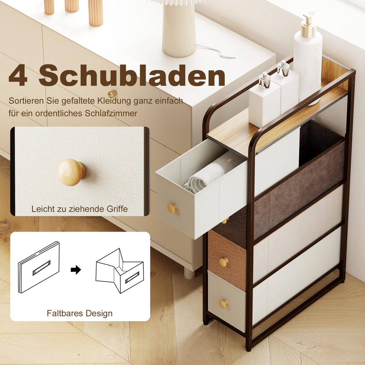 KOMMODE Schrank mit 4 Schubladen aus Vliesstoff Stahlrahmen Schubladenschrank - Multicolor/Braun, Holz/Textil (47/84.5/20cm) - HOMCOM