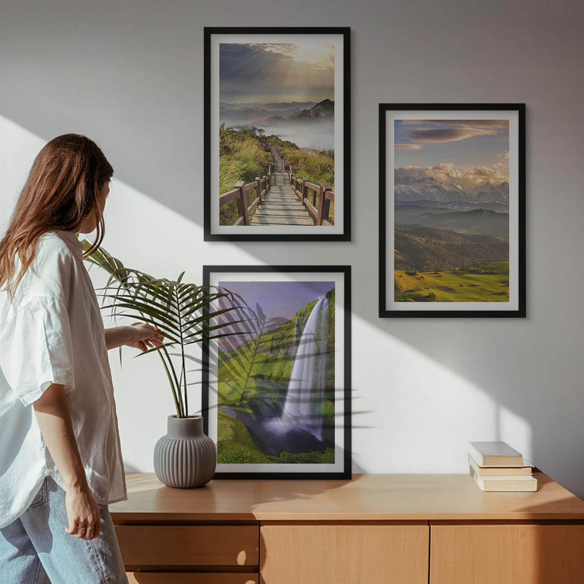 WANDBILDER 3er-Set - 40x60 cm Schwarzer Rahmen - Berglandschaften Wasserfall - Schwarz, Kunststoff (40/60cm) - ArtPrintCave