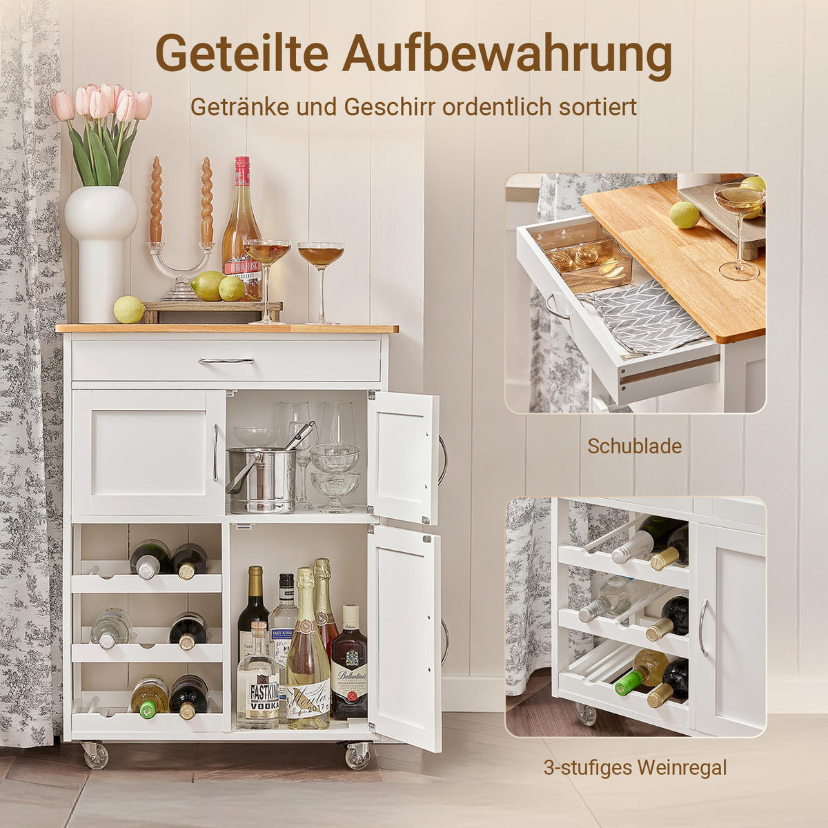KÜCHENWAGEN, 67x86x38 cm, weiß mit Gummibaumholz-Platte, 360°-Rollen mit Bremse, Weinregal & Schublade, Küche/Esszimmer/Balkon - Weiß, Holzwerkstoff (67/87/38cm) - SoBuy