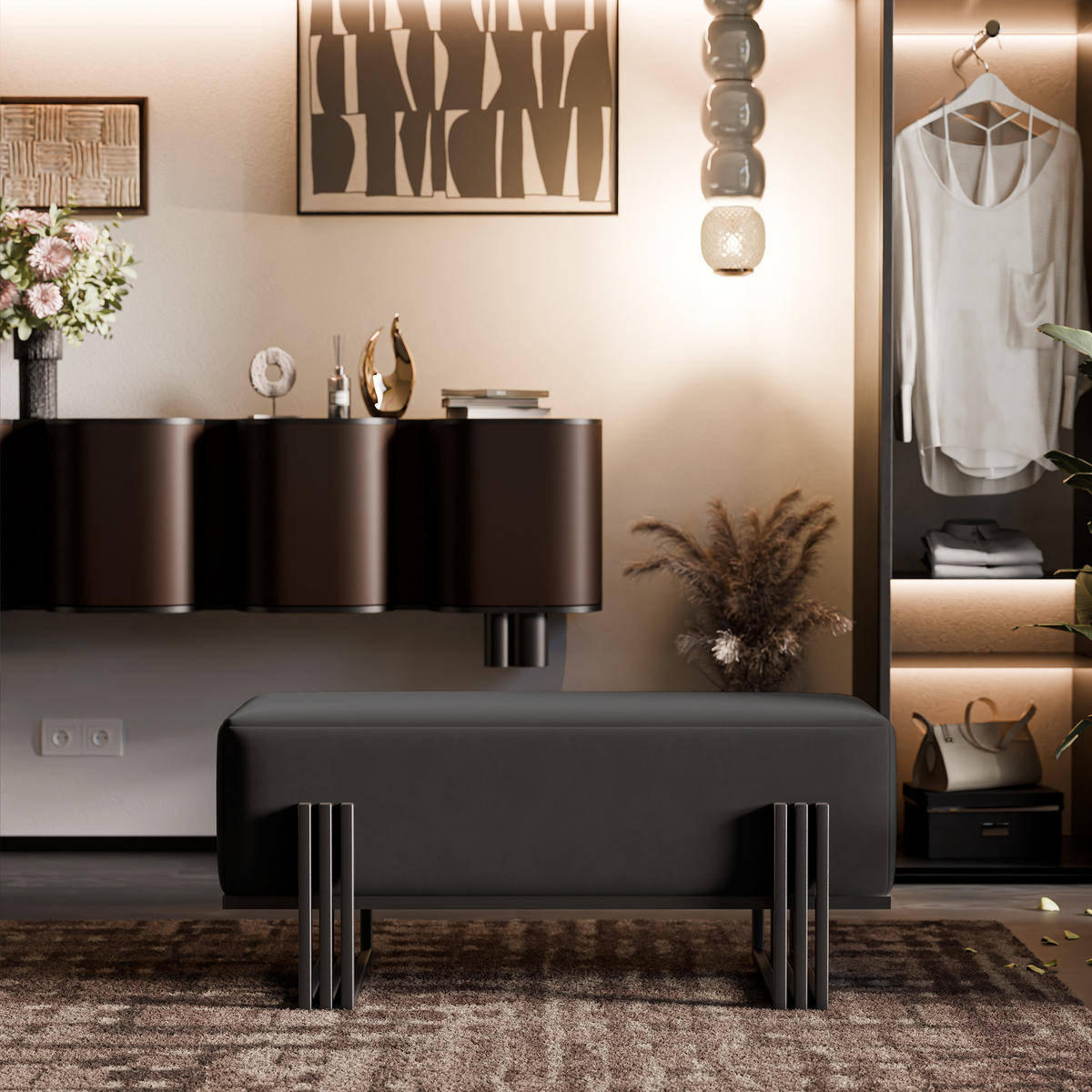 POLSTERBANK TEO 100 cm Schwarz / Beige ,Metallgestell - Beige, Metall (100/47/35cm) - Idohome