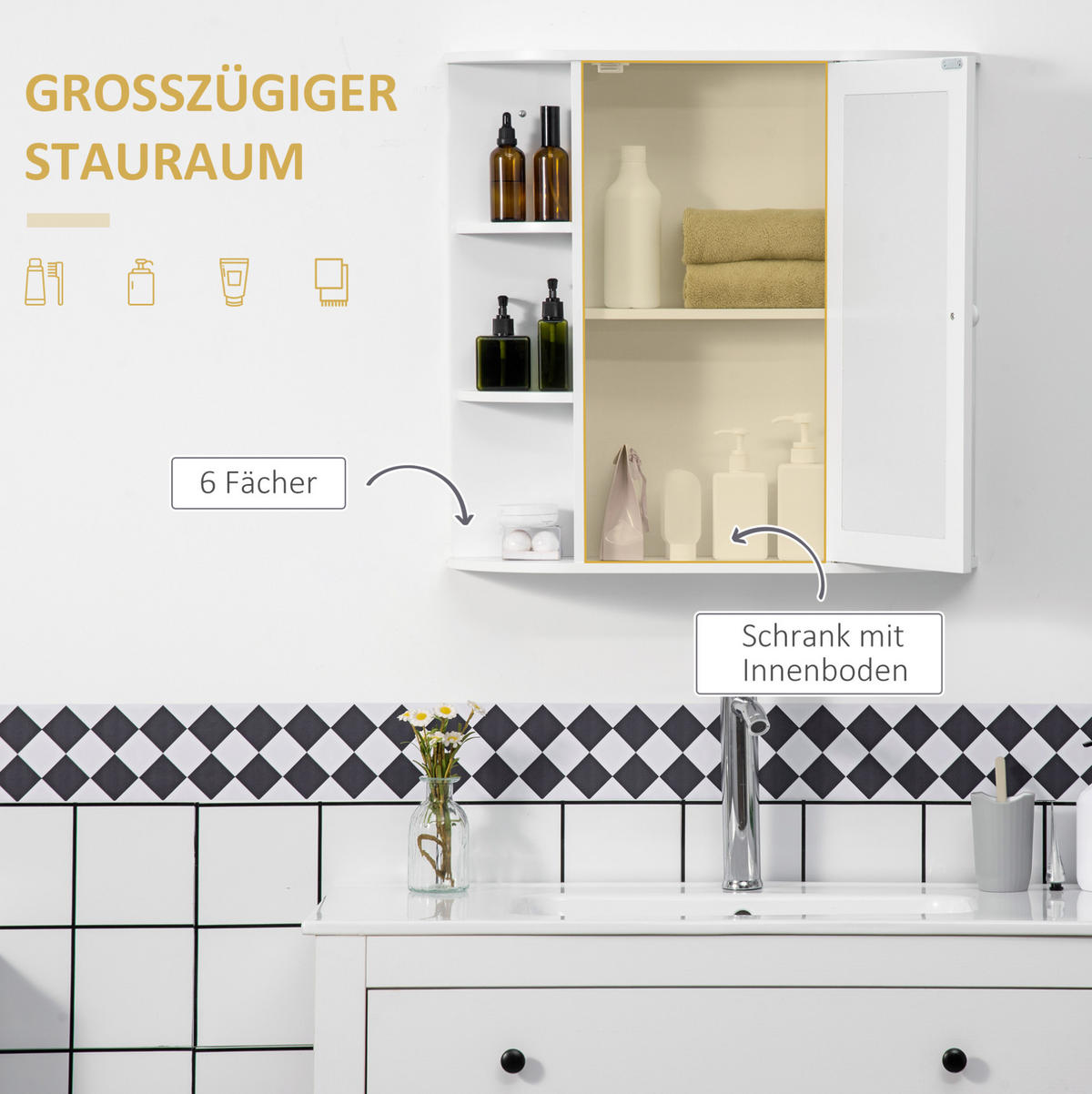BADSPIEGELSCHRANK 66x17x63 cm Weiß aus Spanplatte mit Spiegeltür & offenen Regalen - Weiß, Holzwerkstoff (66/63/17cm) - Modfu