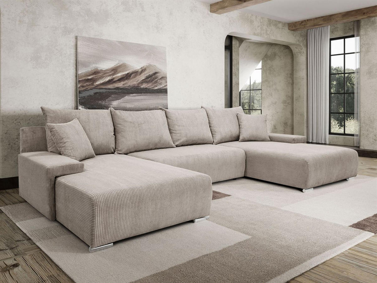 WOHNLANDSCHAFT LAVIO U mit Schlaffunktion und Bettkasten - Beige, Textil (348/93/188cm) - Lookway
