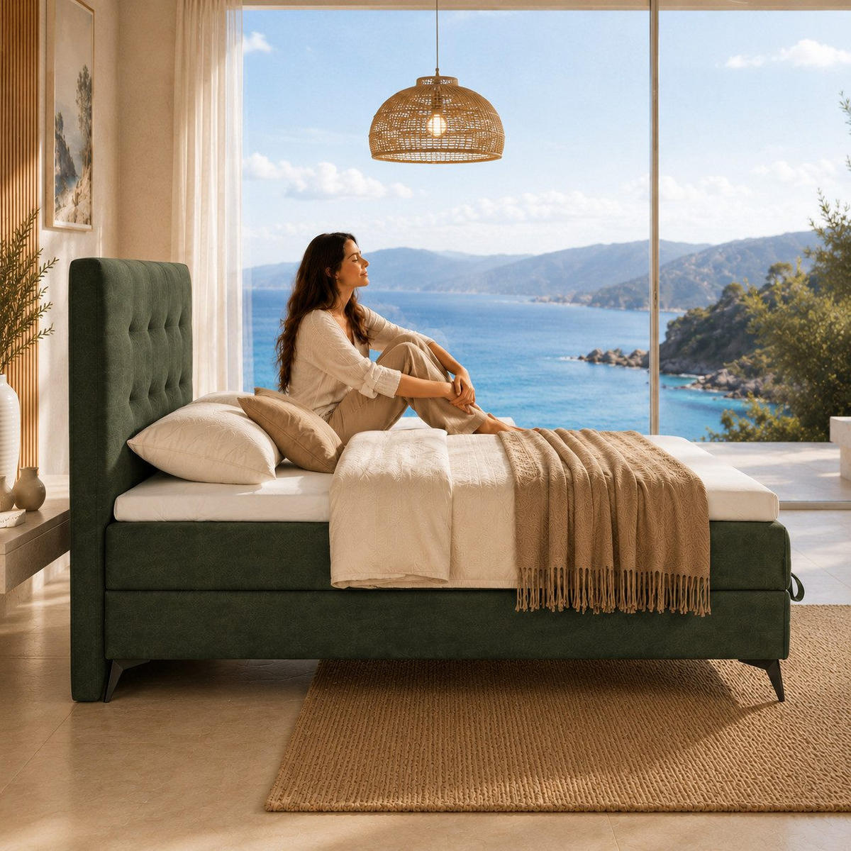 BOXBETT K15 Single SLIM mit Bettkasten & Bonell-Federkern inkl. Topper - Olivgrün, Holz/Textil (200/80cm) - Best For Home
