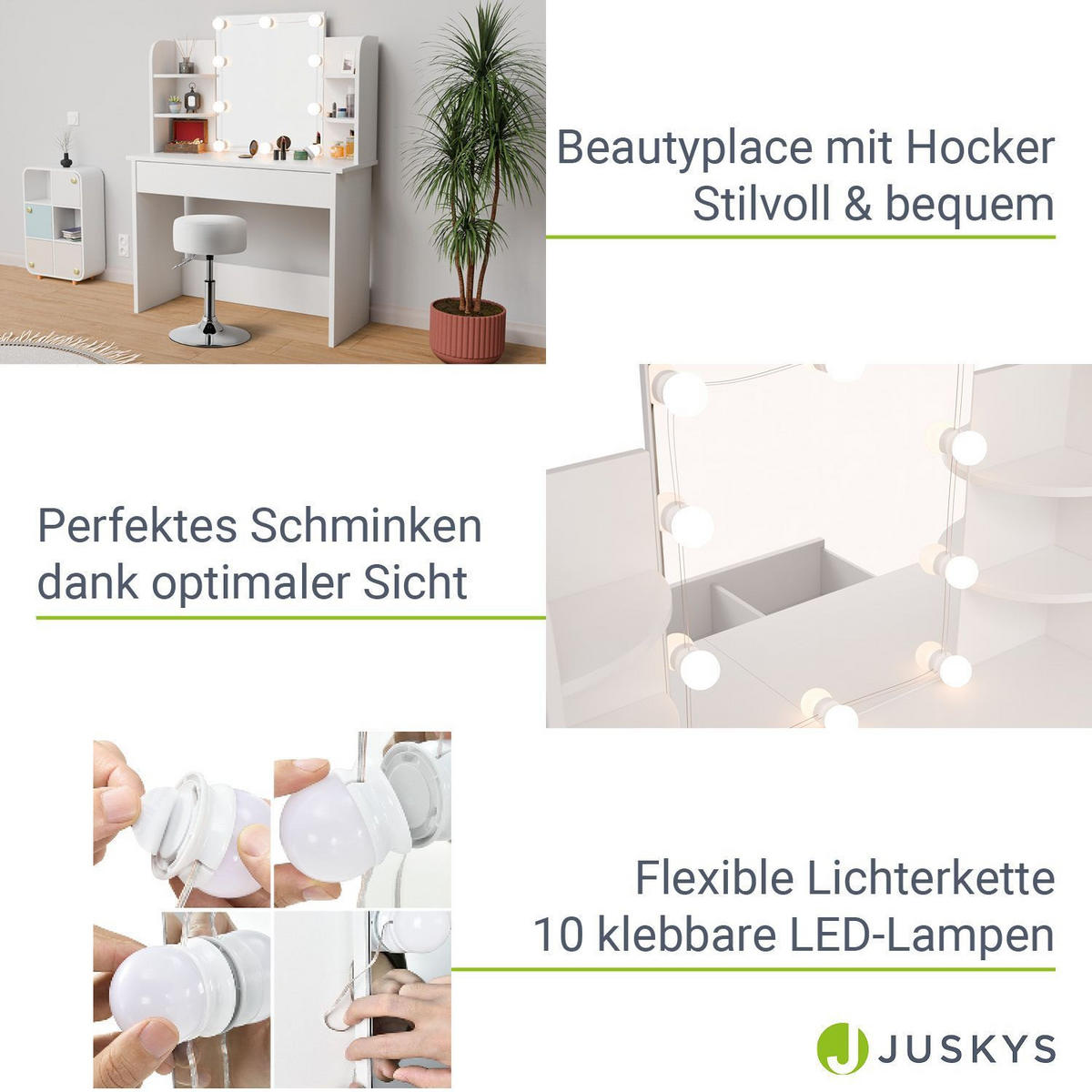 SCHMINKTISCH Bella mit LED und Hocker Tonia - Weiß, Holz (40/140/108cm) - Juskys