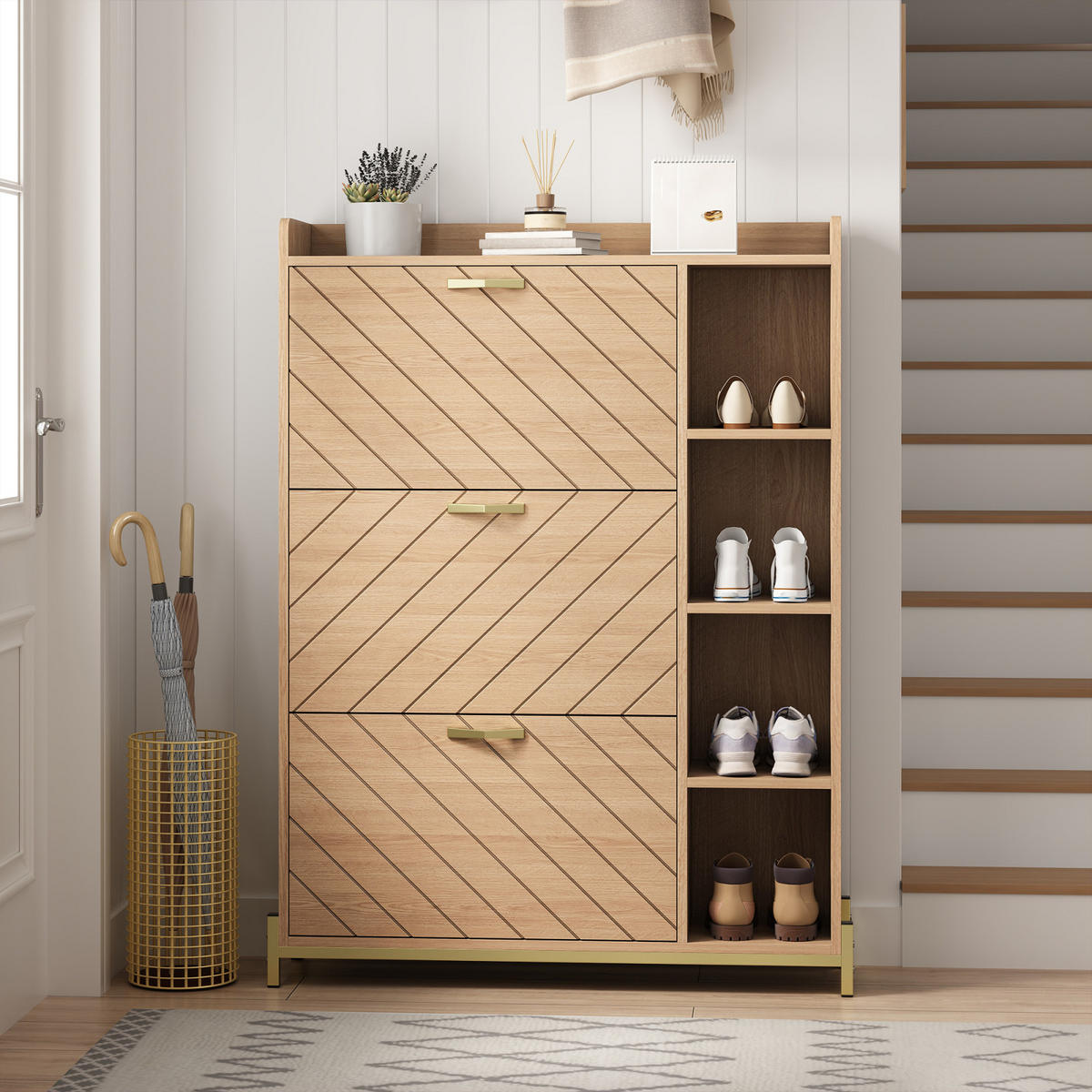 SCHUHSCHRANK 3 Türen Klappdeckel Eiche schmal mit Regalen - Naturfarben, Holz (90/119/24cm) - LEBENLANG