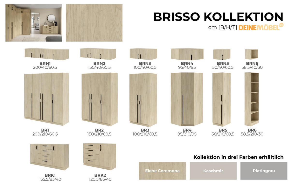 DREHTÜRENSCHRANK BRISSO BR3 100/210/60,5 cm in Eiche Ceremona mit Metallgriffen - Eichefarben, Holzwerkstoff/Metall (100/210/61cm) - Deine Möbel 24