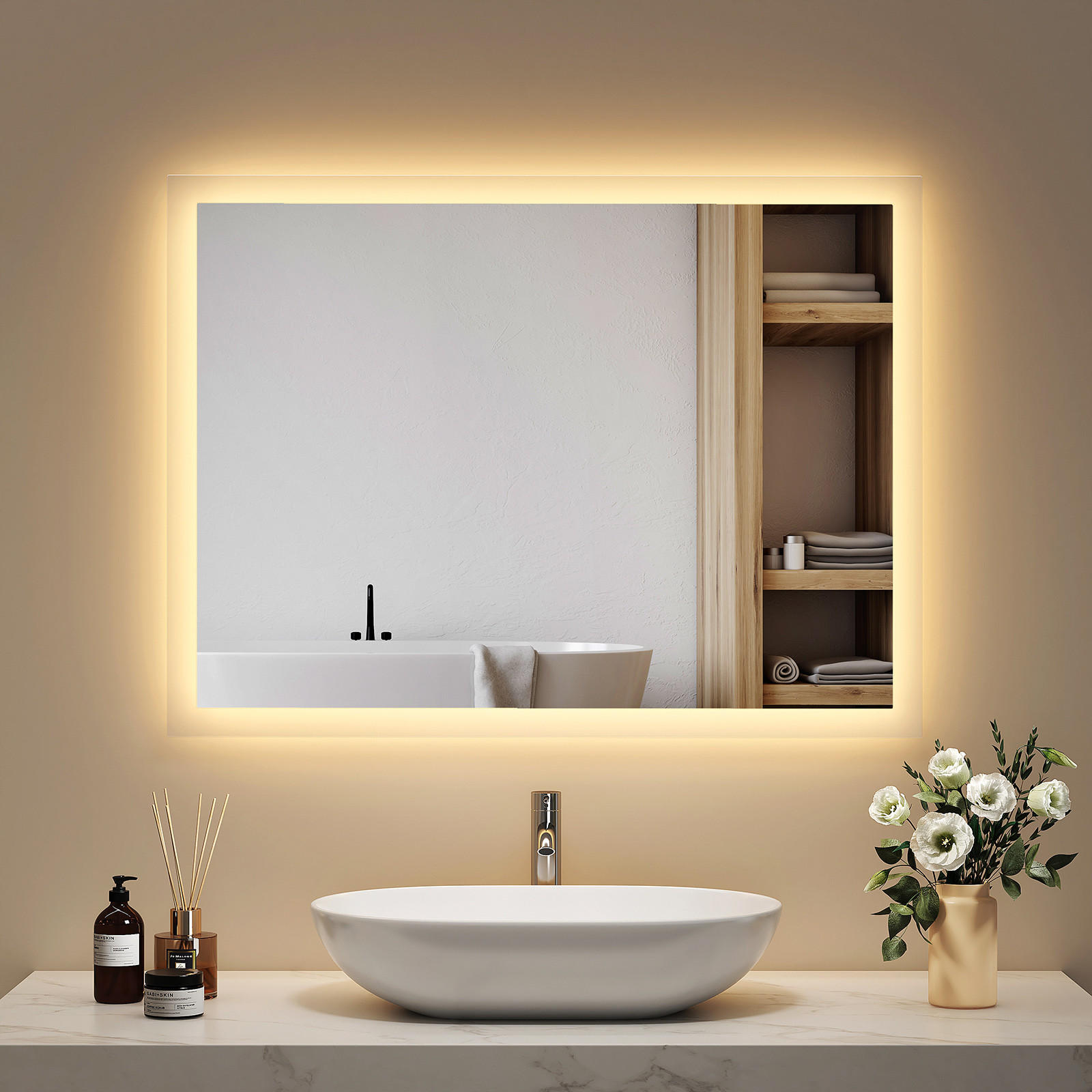 BADSPIEGEL mit Explosionsgeschützte Folie Beleuchtung 80/60/3,5 cm - Weiß, Glas (60/3.5/80cm) - EMKE