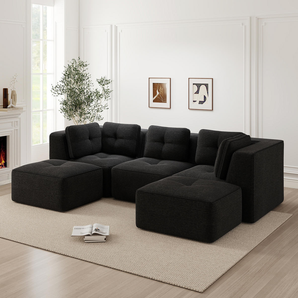ECKSOFA 297/177/69 cm schwarz aus Cord mit modularem Design ohne Montage - Schwarz, Textil (177/297cm) - OKWISH