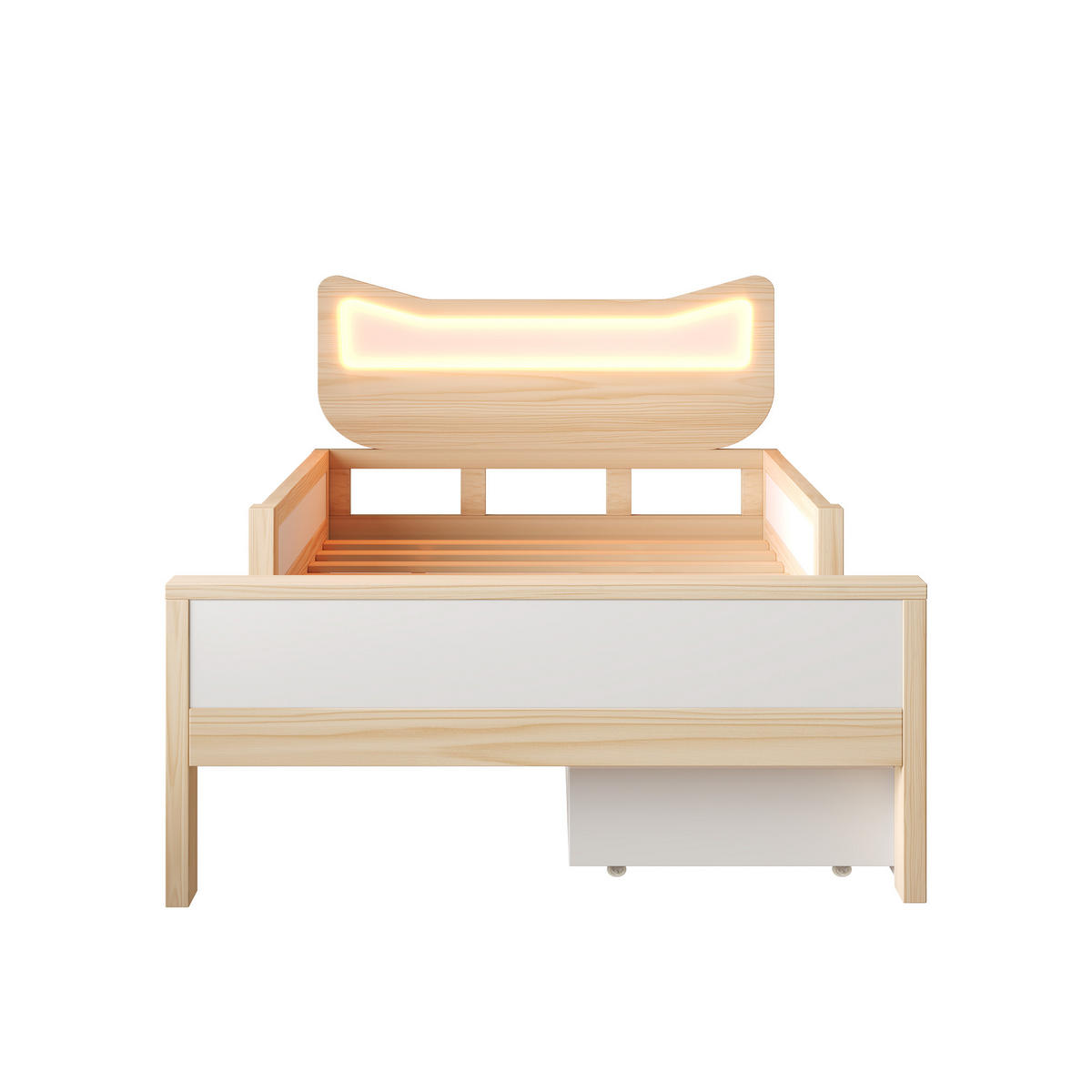 KINDERBETT 90/200 cm DE-00722, in Weiß & Eiche, LED Katzenohren und Schublade - Eichefarben, Holz (90/200cm) - ComfortXL