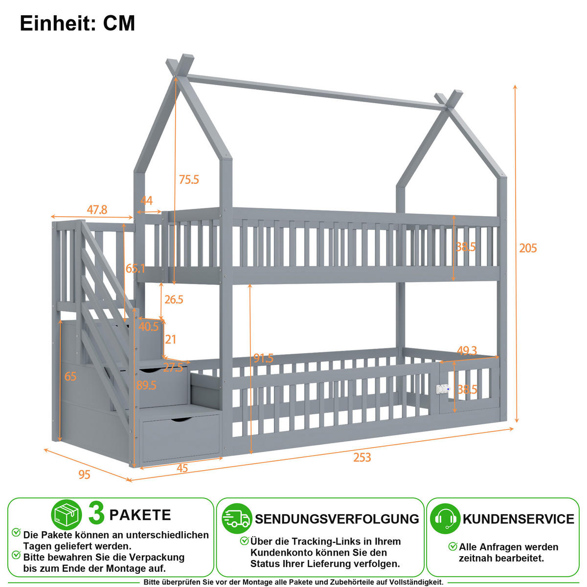 ETAGENBETT 90/200 cm in Grau mit Dach, Treppe und Schubladen - Grau, Holz/Holzwerkstoff (90/200cm) - CHICFURN