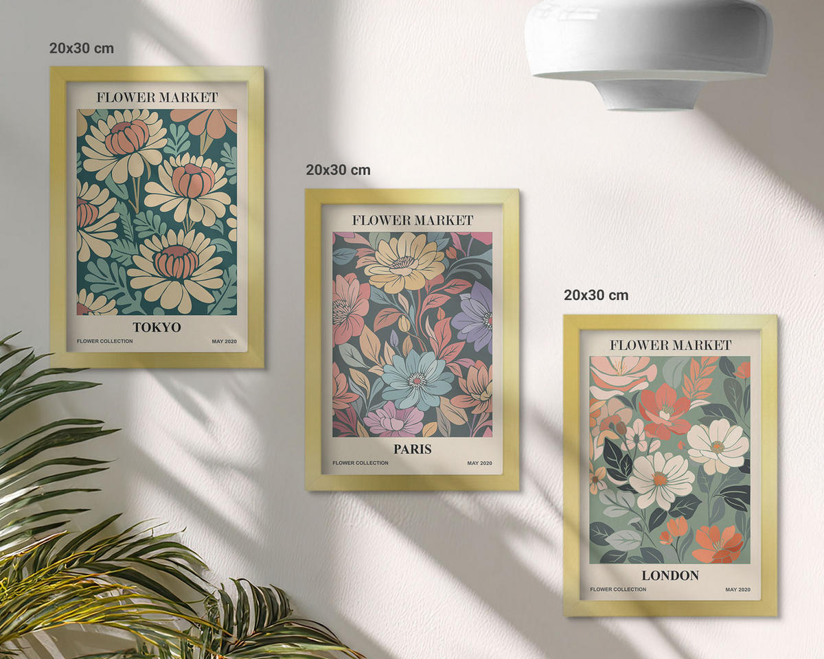 WANDBILDER 3er Set - 20x30 cm Goldrahmen - Blumenposter Tokio Paris London - Goldfarben, Kunststoff (20/30cm) - ArtPrintCave