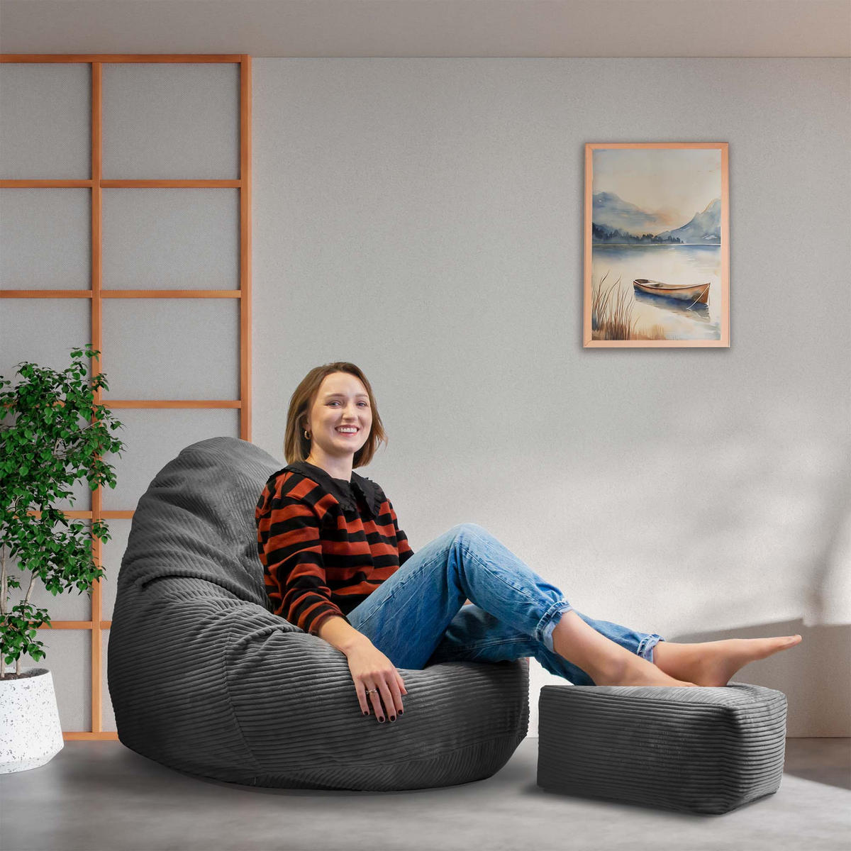SITZSACK PARADISE MIT FUßSTÜTZE Kordsamt 2-tlg Granite Gray M - Dunkelgrau, Textil (90/100/90cm) - Dreamroots