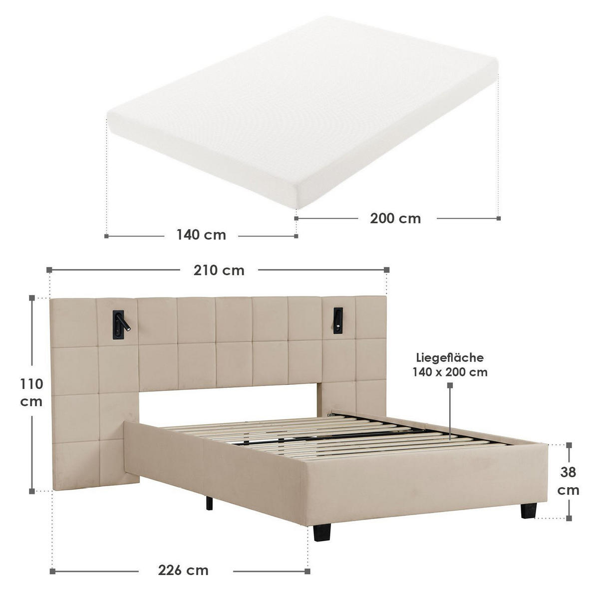 POLSTERBETT Luzano Beige Samt mit Leselicht und Matratze - Beige, Holz (140/200cm) - Juskys