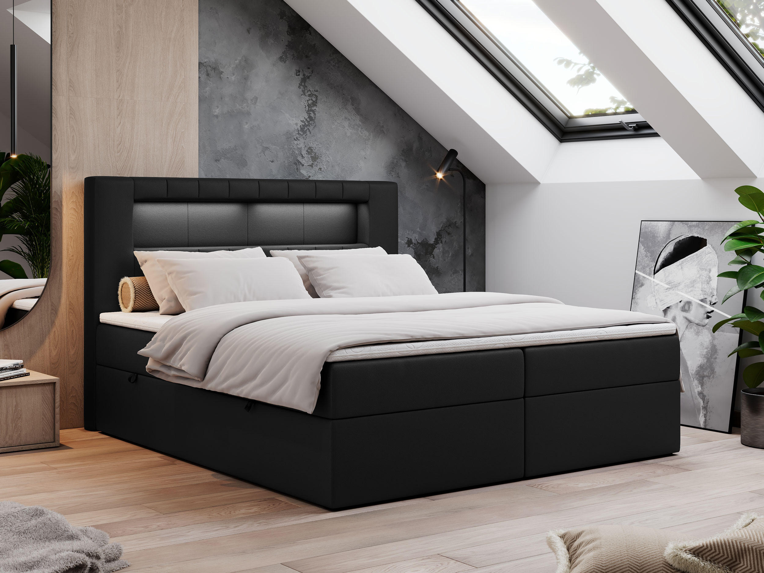 BOXBETT GOLD-5 LED 200/200 Schwarz Kunstleder - H3 - Schwarz, Holz/Textil (200/200cm) - MKS