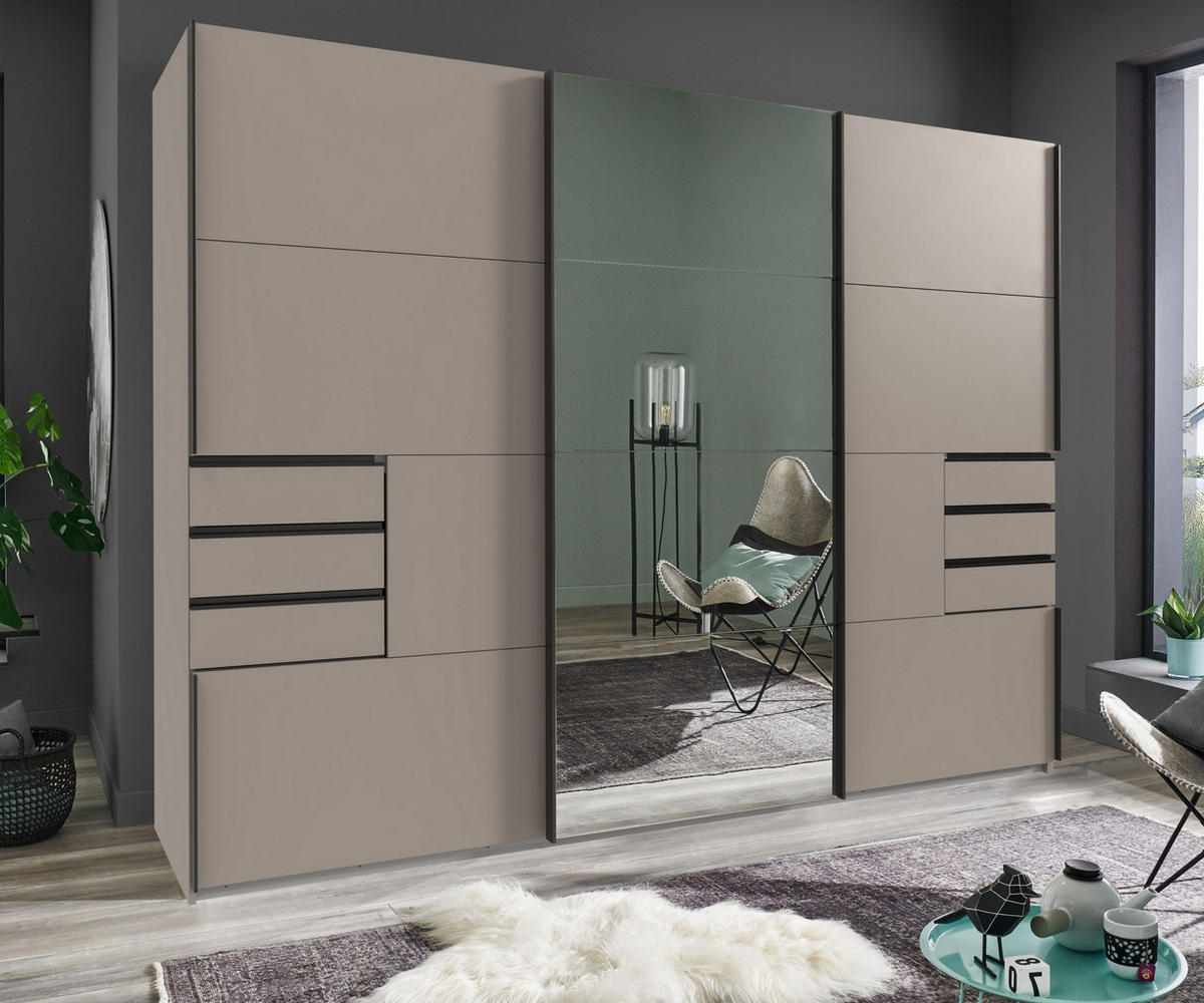 SCHWEBETÜRENSCHRANK 3-türig B270/H208/64 cm, Sandgrau, eine Spiegeltür, Kleiderschrank mit Schubladen & Vollausstattung / 22615 - Graubraun/Anthrazit, Holzwerkstoff/Metall (270/208/64cm) - luma-home