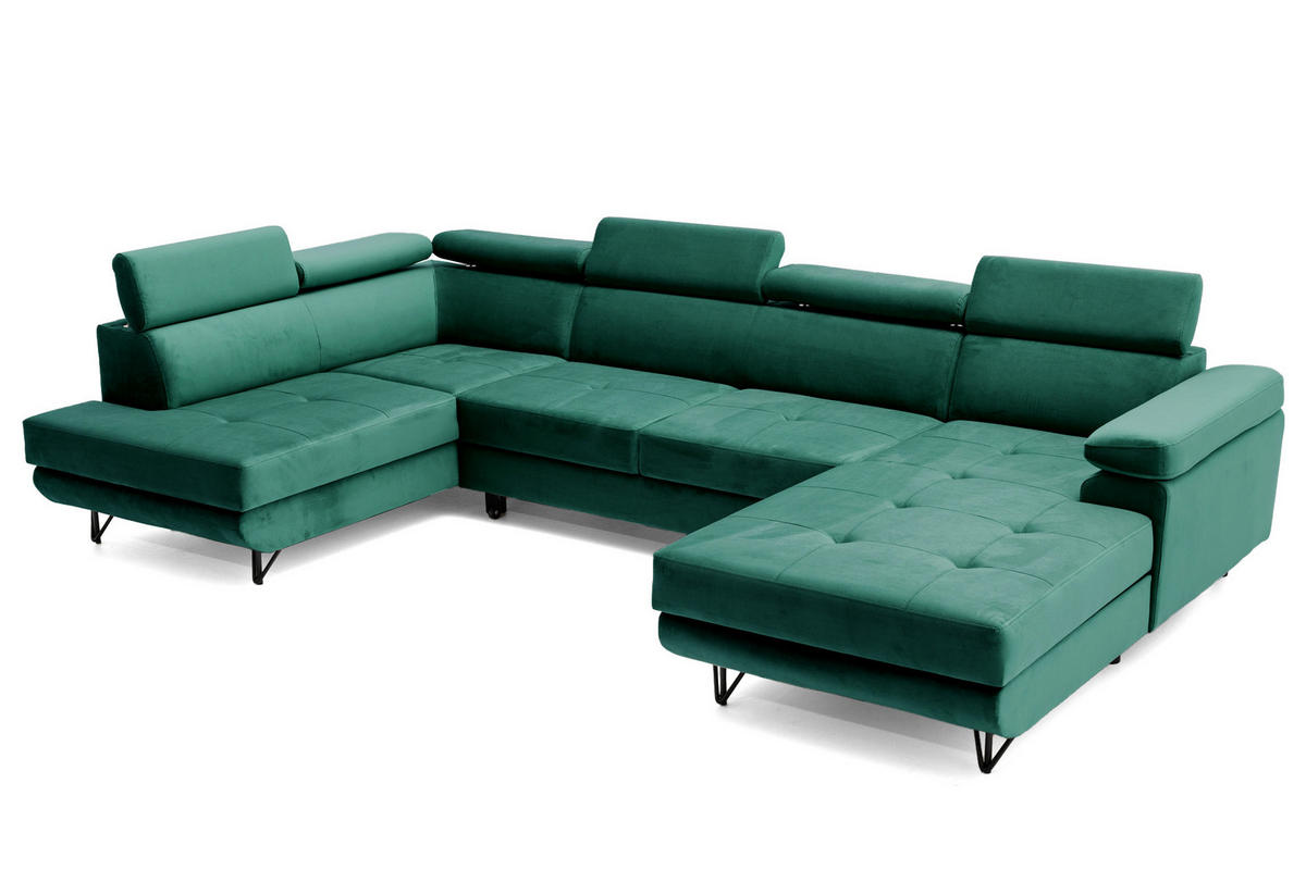 ECKSOFA U-Form JUNIOR U Links mit Schlaffunktion 128x254 Velours Dunkelgrün - Dunkelgrün/Schwarz, Holz/Textil (323/90/184cm) - Muffo