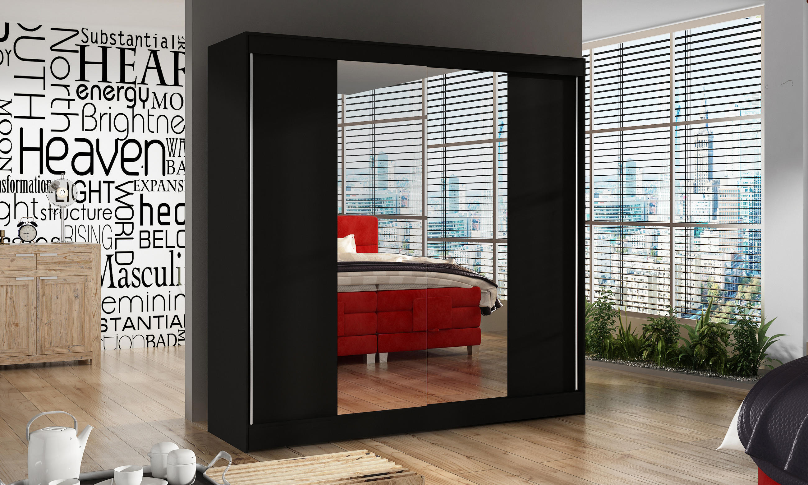 SCHWEBETÜRENSCHRANK Basti II - 200 cm - Schwarz, Holzwerkstoff/Metall (200/215/58cm) - Sofnet