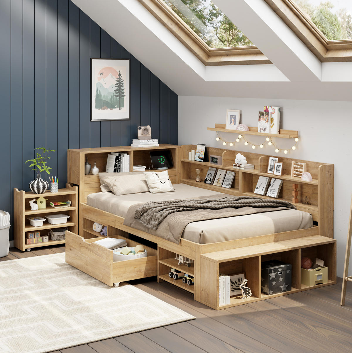 KINDEREINZELBETTEN aus Sperrholz 90x200 cm in Natur mit Stauraum - Naturfarben, Holzwerkstoff (90/200cm) - Modfu