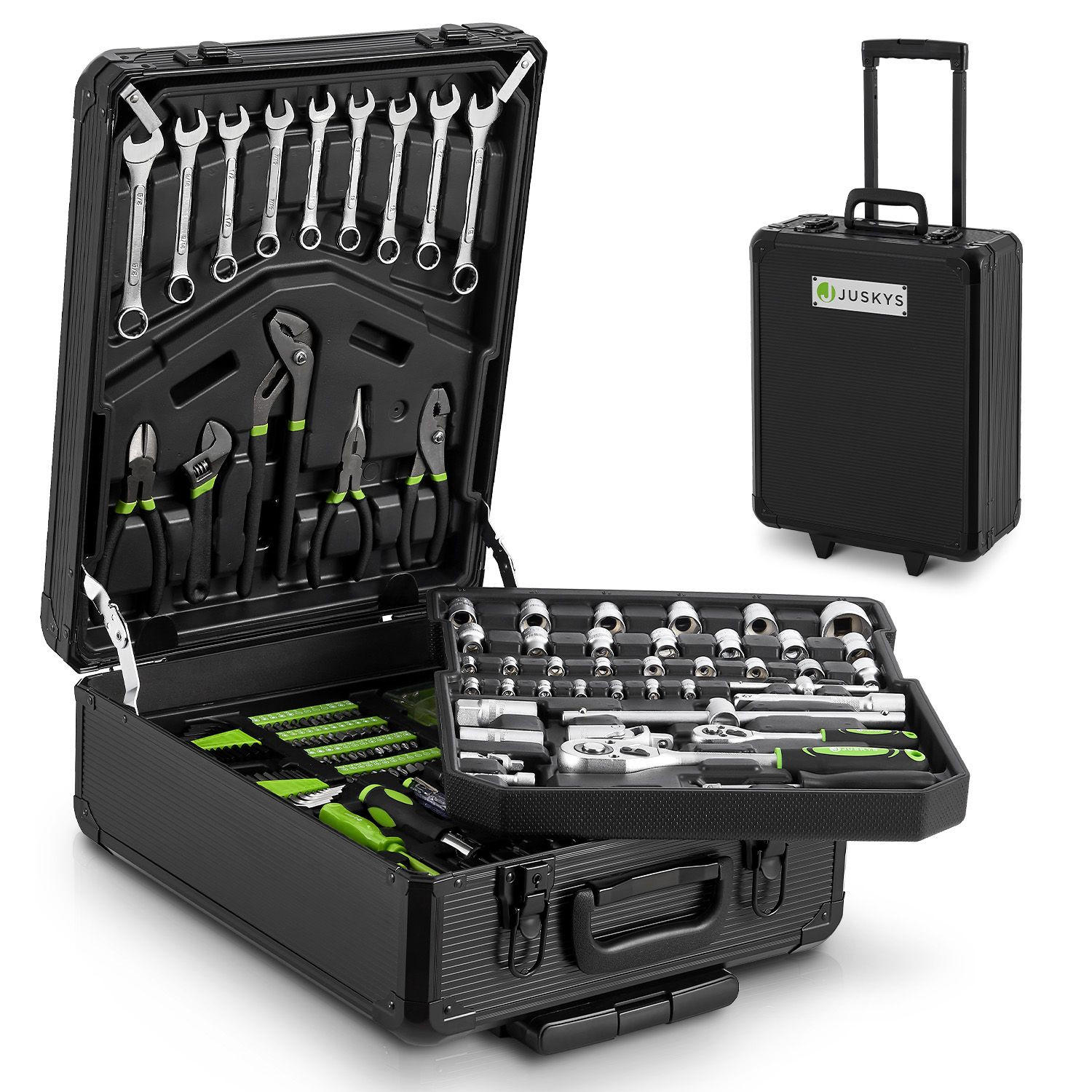 WERKZEUGKOFFER mit Trolley-Funktion (1200-tlg.) - Schwarz, Metall (37/18/45cm) - Juskys