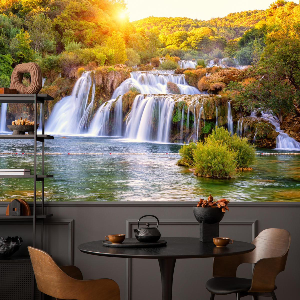 FOTOTAPETE für Esszimmer Wasserfall Sonnenaufgang Morgenlicht Bäume 300x210 - Gelb/Beige, Papier (300/210cm) - Muralo