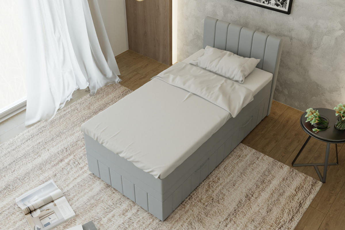 BOXBETT AVALON 100 x 200 cm mit Bettkasten und Topper - Hellgrau - Hellgrau, Holz - Panda Möbel