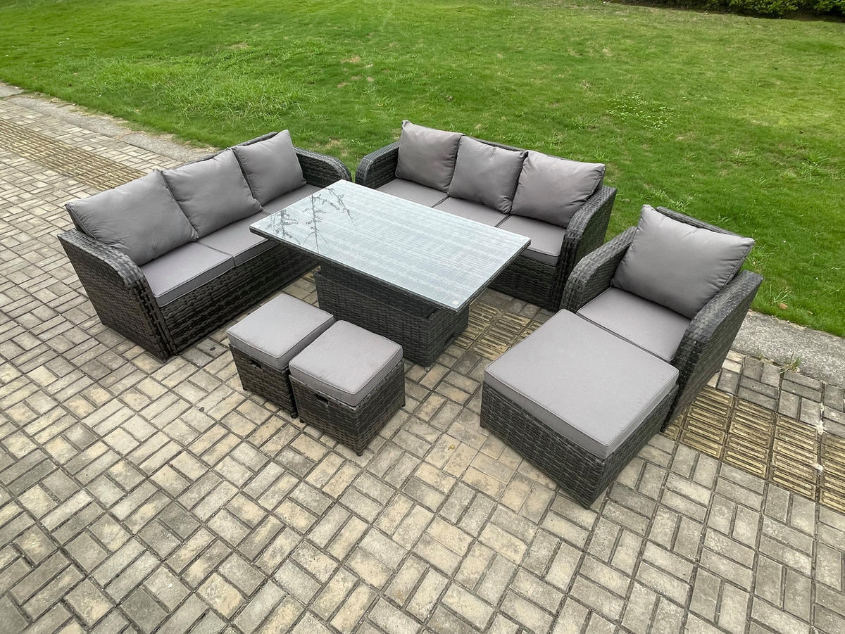 GARTENMÖBELSET mit Höhenverstellbarer Esstisch 10-Sitzer Grau - Dunkelgrau/Grau, Glas/Kunststoff - Fimous