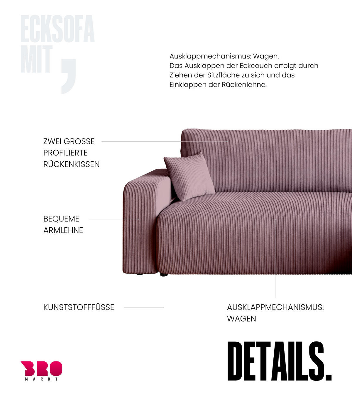 ECKSOFA PUMI mit Schlaffunktion Puderrosa Cord - Rosa, Textil (244/148cm) - Bromarkt