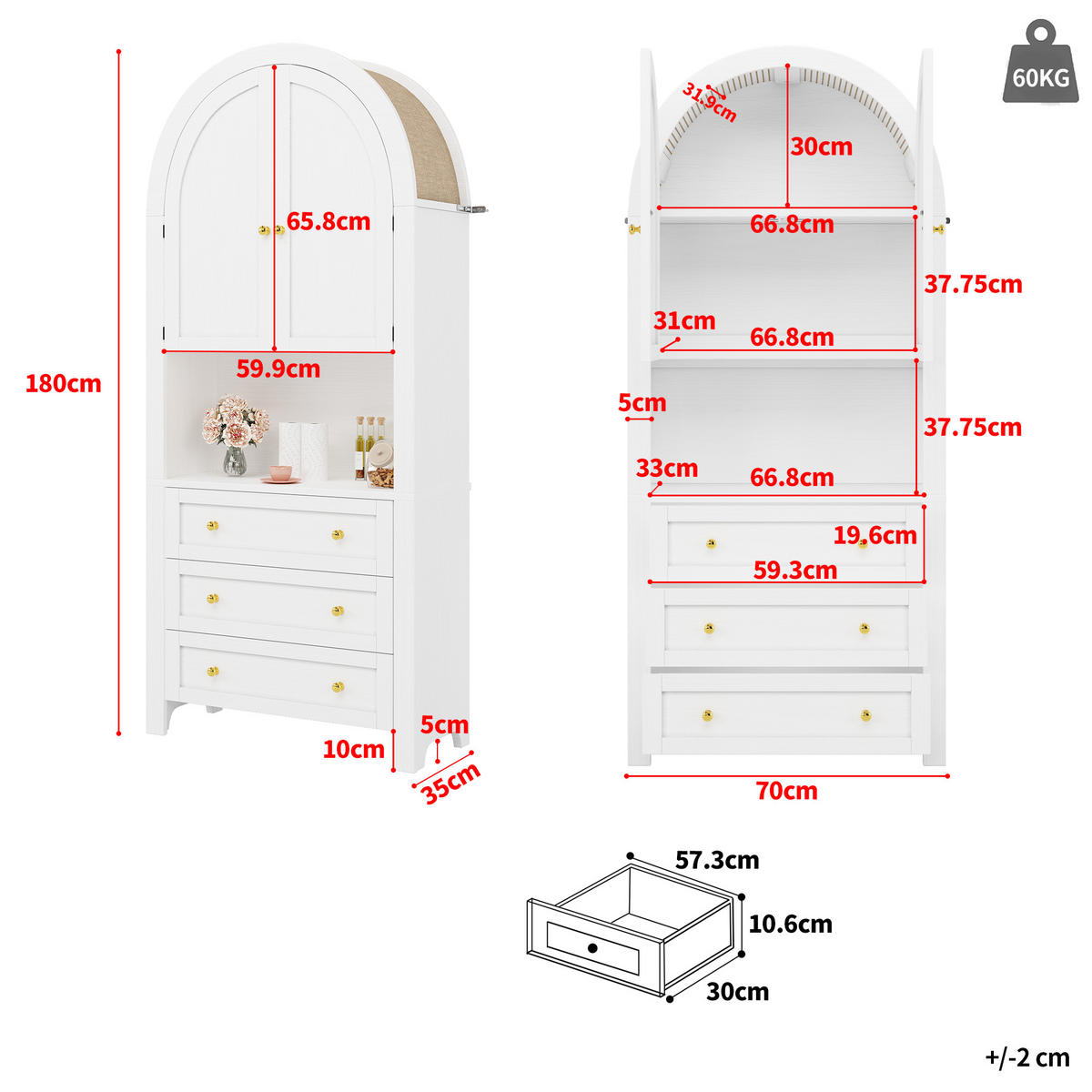 AUFBEWAHRUNGSSCHRANK 70/35/180 cm, gewölbte Oberseite, 3 Schubladen und Tür, MDF weiß mit Leinen-Dach - Weiß, Holzwerkstoff (70/180/35cm) - Redom