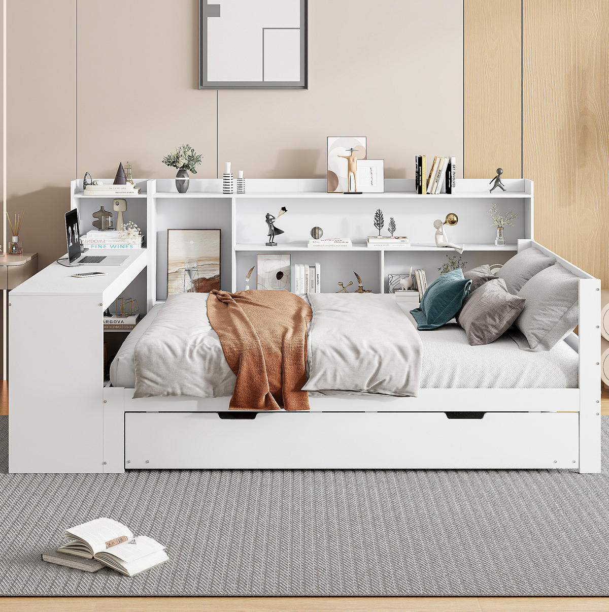 SCHLAFSOFA 140/200 cm mit Ausziehbett, Schreibtisch, Regalen und USB-Steckdose, Weiß - Weiß, Holzwerkstoff (165/100/245.5cm) - Redom