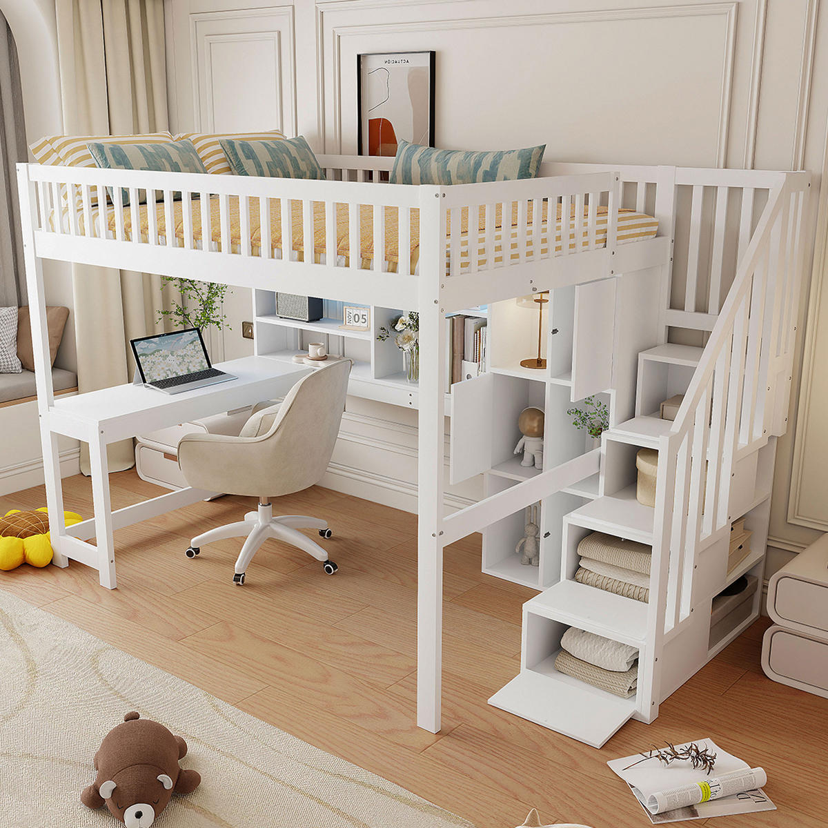 HOCHBETT 140x200cm Weiß LED-Licht Ablageleiter Schreibtisch - Weiß, Holz (140/200cm) - FLIEKS