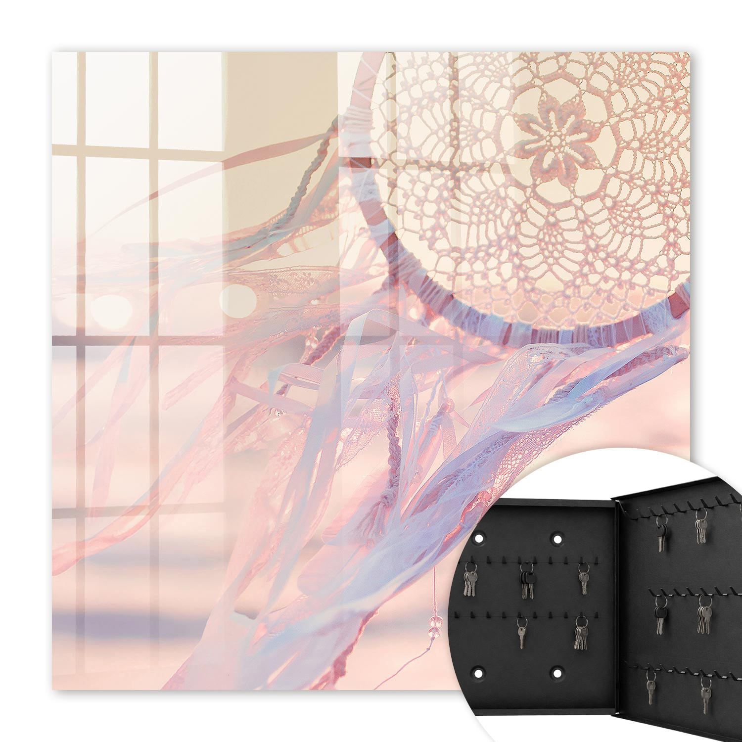 SCHLÜSSELBOX Schwarz 30x30 cm- Türöffnung nach rechts - Spitzenverzierung - Pink, Metall (30/30/5cm) - TULUP