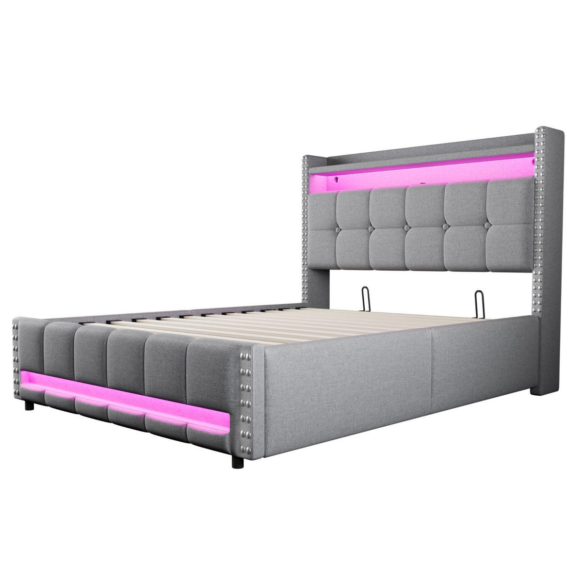 POLSTERBETT mit Bettkasten, LED und USB 140x200 cm Leinen Hellgrau - Hellgrau, Metall (140/200cm) - Beauniv