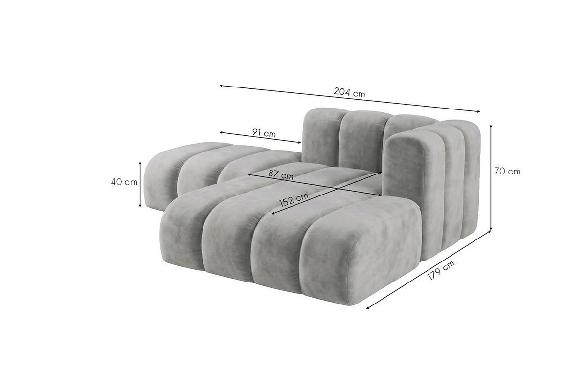 CHAISELONGUE Modulare Mit Hocker, Velvet-Stoff Riviera, Grau, Rechts, GRAND - Grau, Holz (204/179cm) - Kaiser Möbel