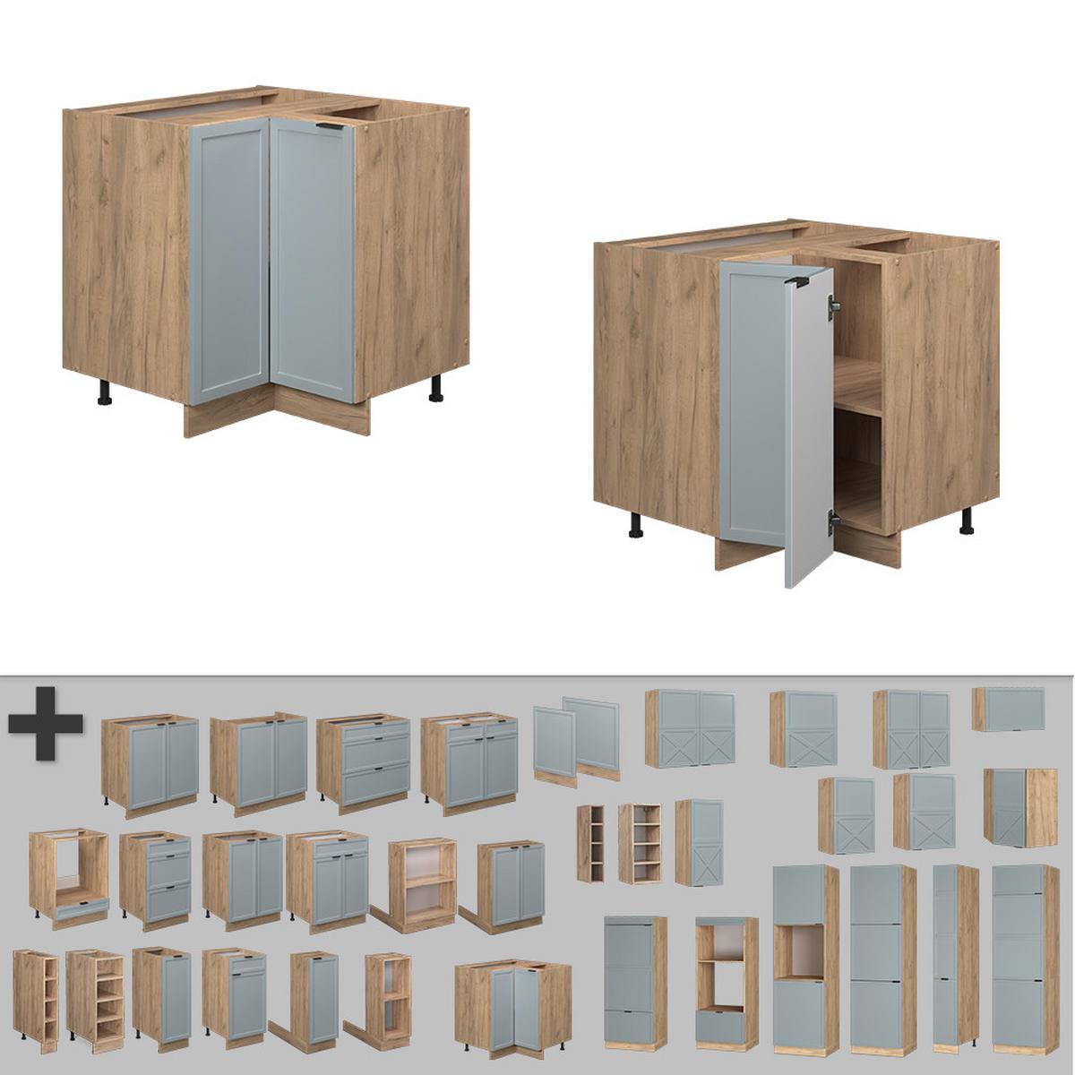 ECKUNTERSCHRANK Fame-Line Hellblau-grau 80.5 cm, AP Eiche - Honigeiche/Eiche Wotan, Holzwerkstoff (80.5/82/60cm) - Vicco