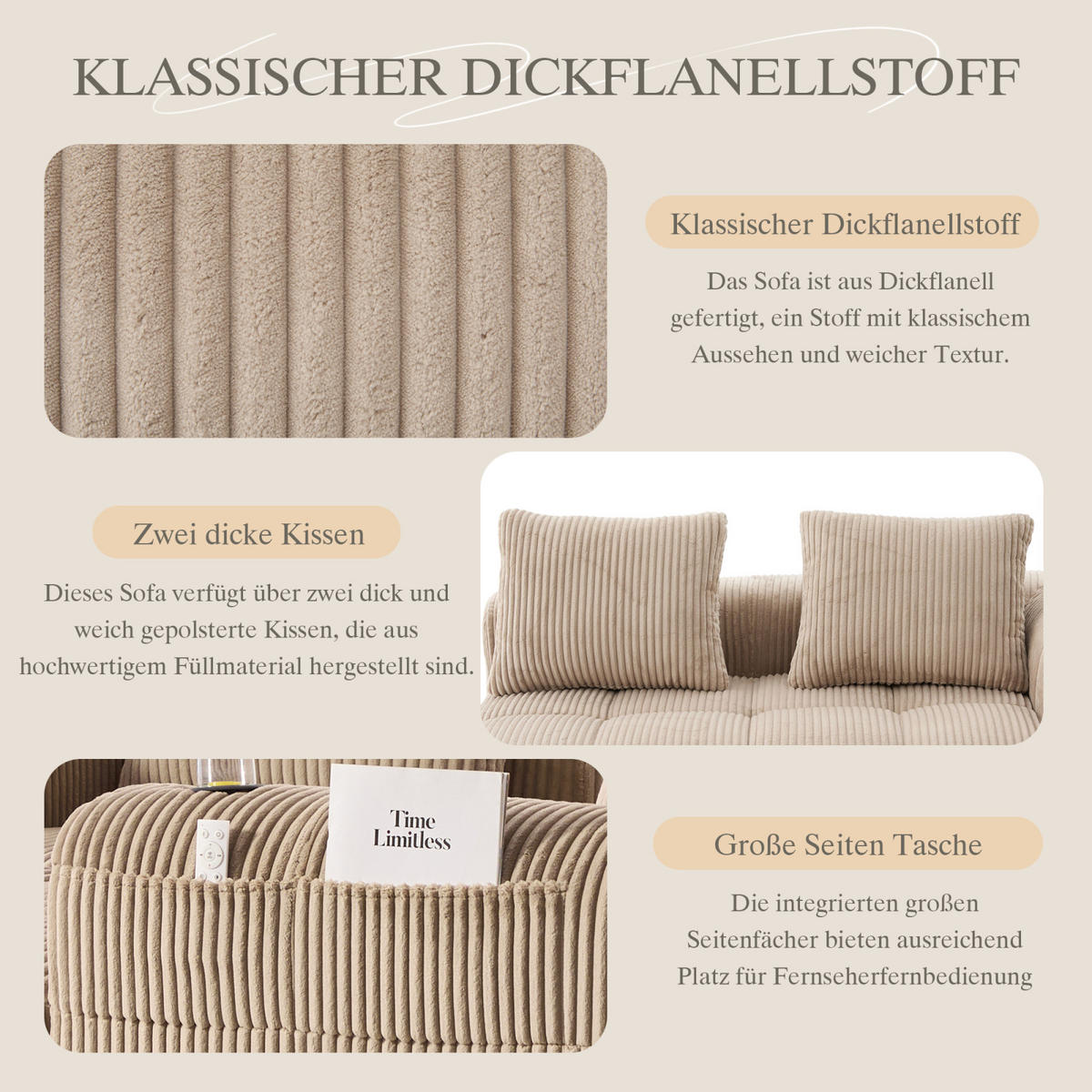 2-SITZER Sofa Khaki, Liegesessel Cord mit Getränkehalter, Stauraum, ohne Montage - Braun, Textil (158/61/93cm) - PARAFTA HOME