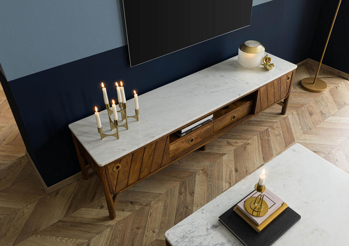 TV-BOARD Mango 180x45x50 braun geölt / echter Marmor LOS ANGELES #03 - Braun, Holz (180/50/45cm) - Massivmoebel24