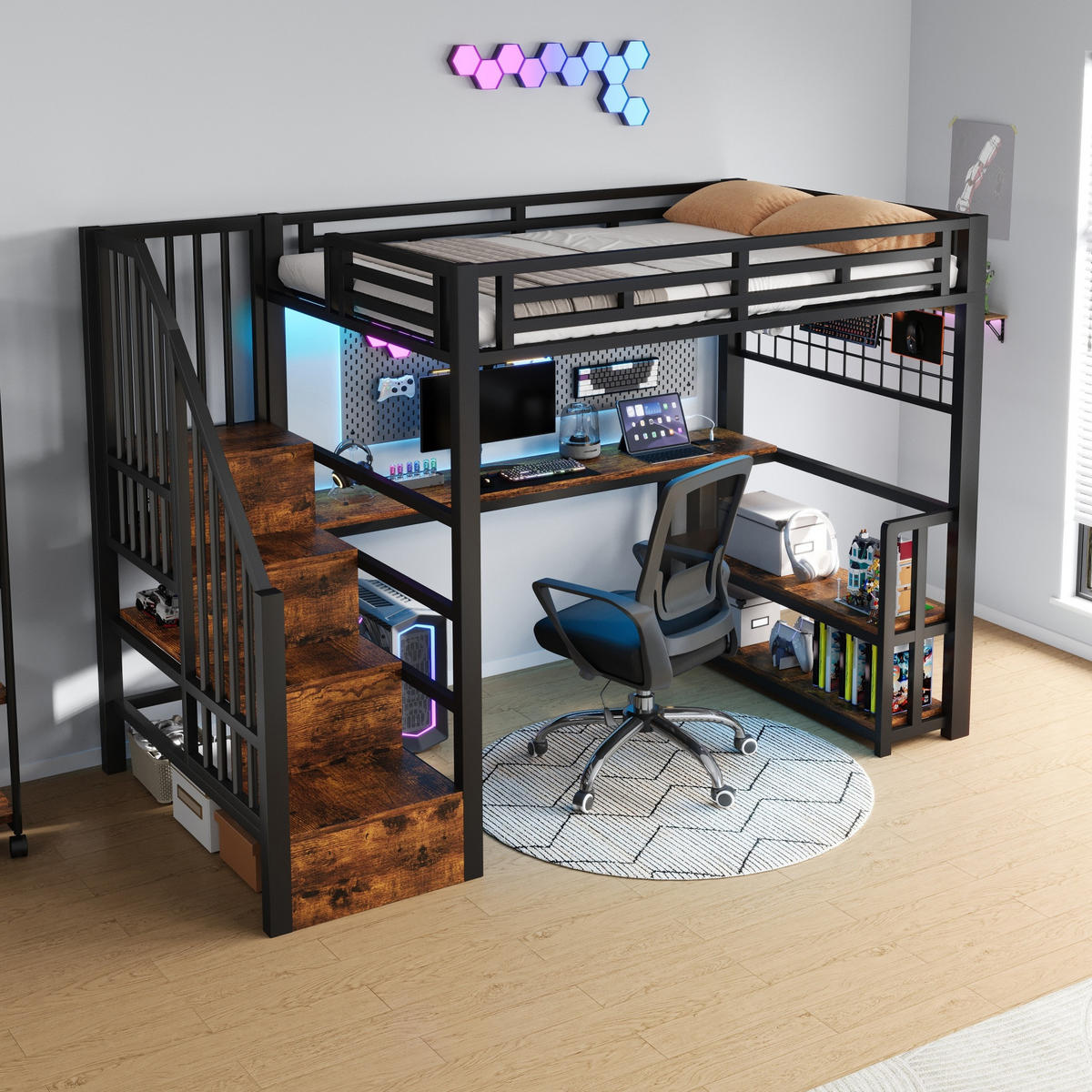 HOCHBETT 90/200 cm, Schwarz mit Schreibtisch, LED-Lichtleiste - Schwarz, Metall (90/200cm) - MIVRAY