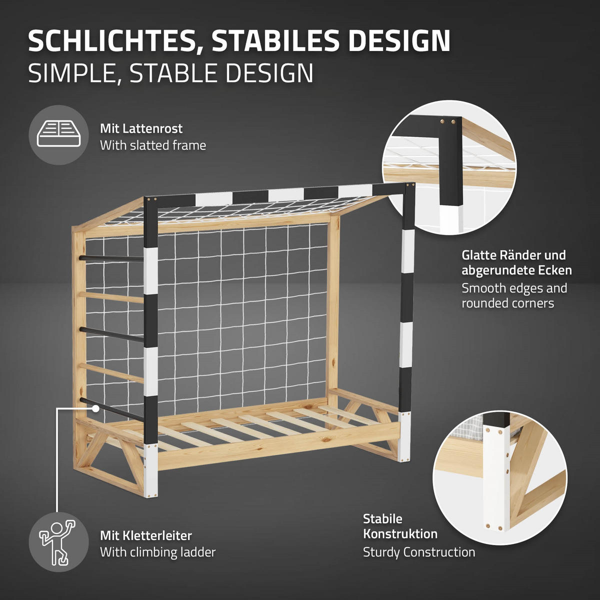 KINDERBETT Fußballtor 70x140 cm Schwarz-Weiß - Hellbraun, Holz (70/150cm) - ML-DESIGN