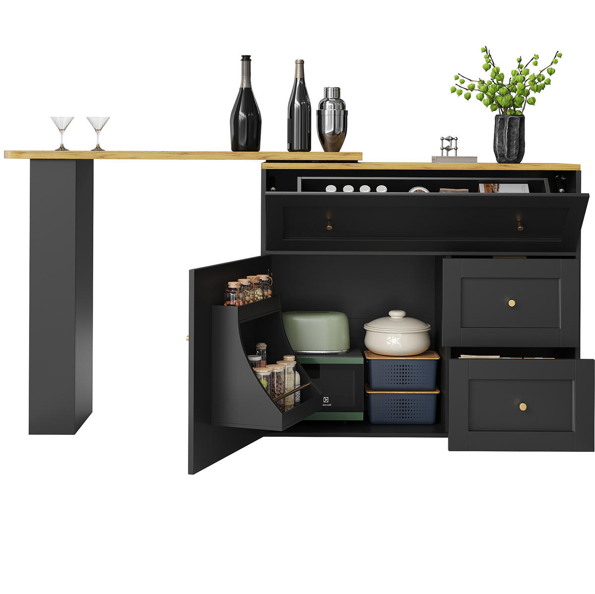 BAROVÝ stůl z MDF a kovu 138-204x39x105 cm černý s úložným prostorem a 360° otočnou deskou - černá, kompozitní dřevo (204/105/39cm) - Modfu