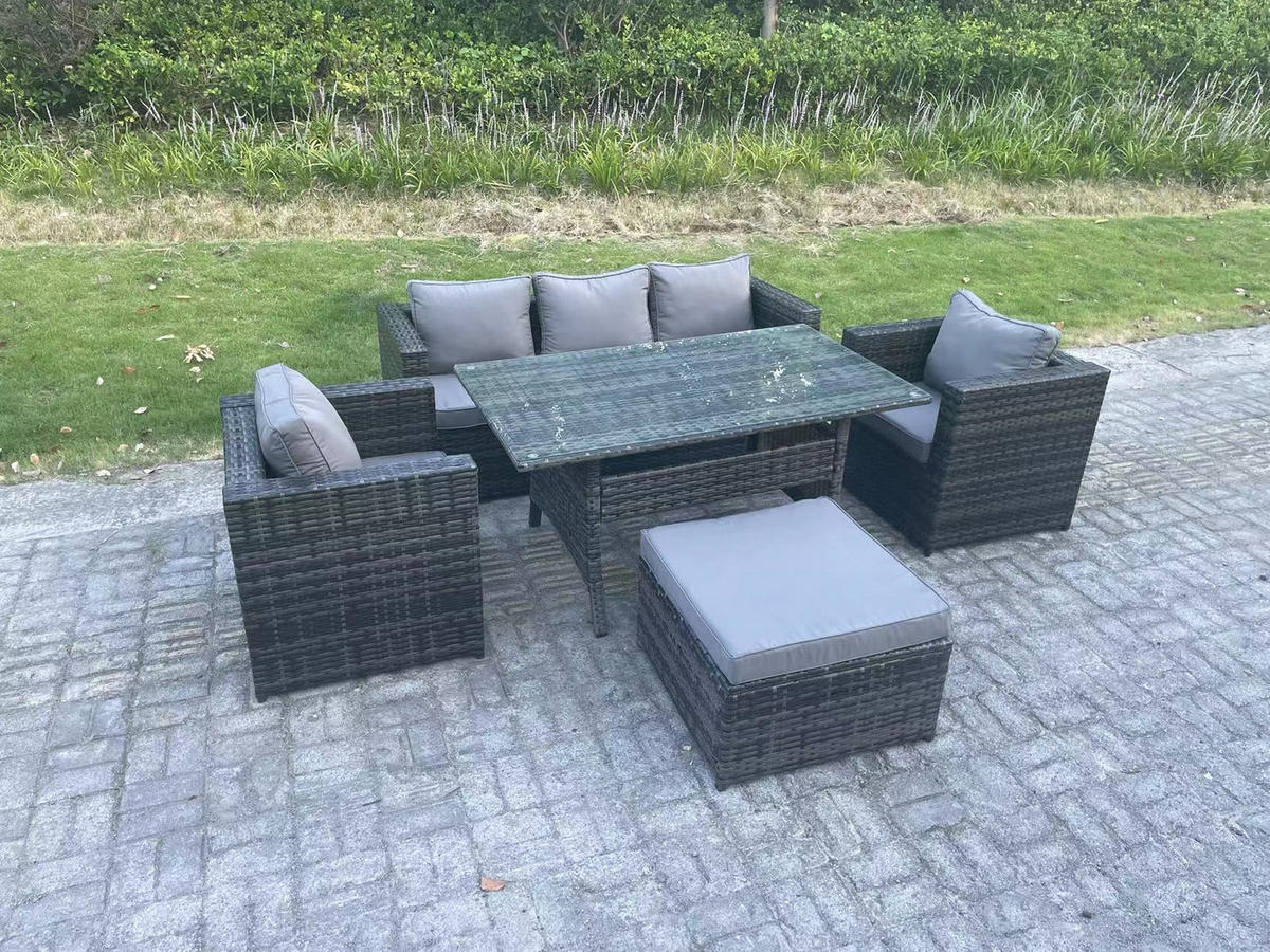 LOUNGEGARNITUR mit Fußschemel Polyrattan Dunkelgrau 6-Sitzer - Dunkelgrau/Grau, Glas/Kunststoff - Fimous