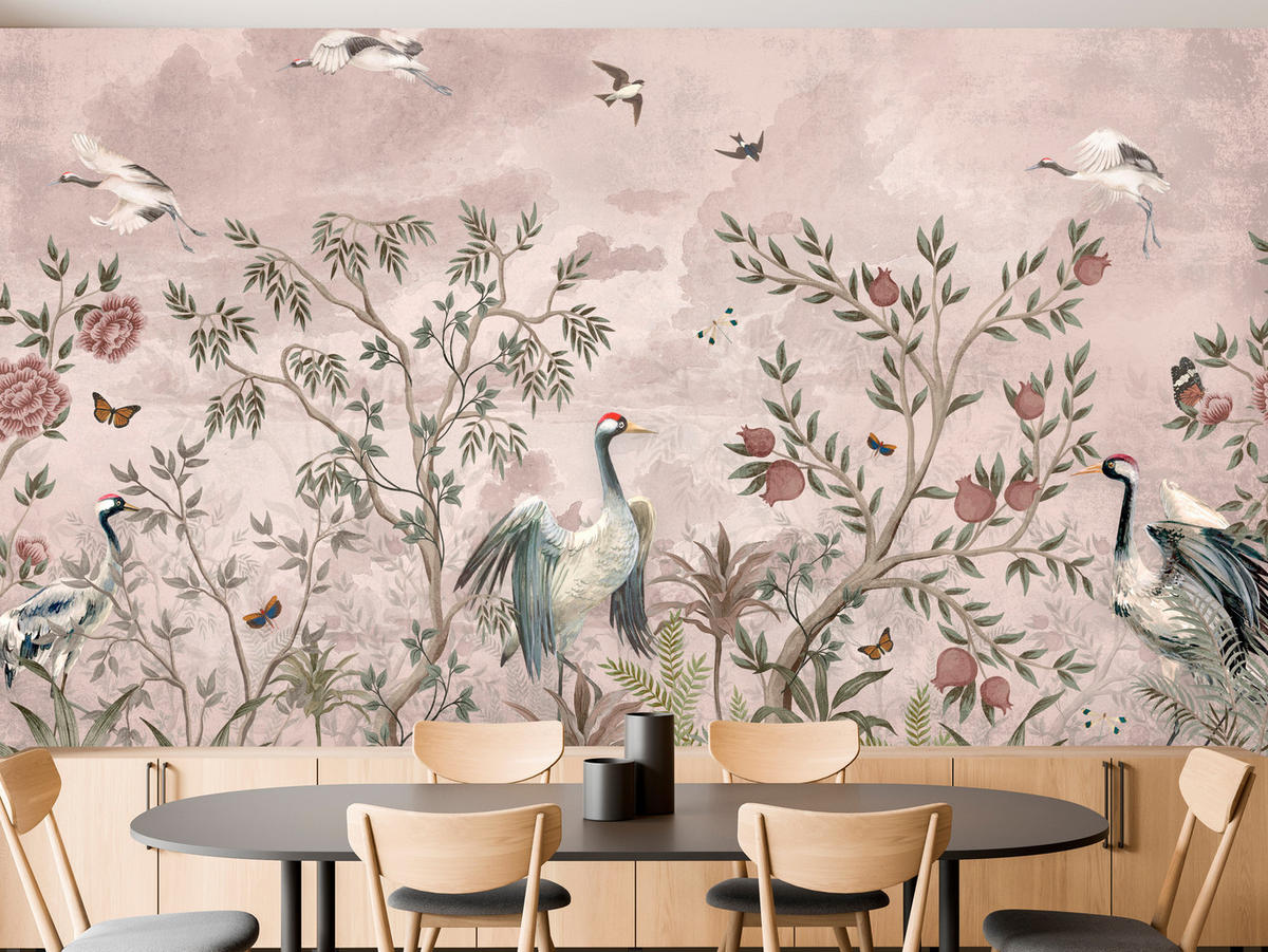 FOTOTAPETE für Schlafzimmer Kraniche Bäume Tropische Blumen Büsche 500x350 - Beige/Rot, Papier (500/350cm) - Muralo