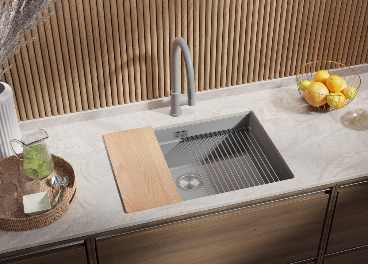 UNTERBAUSPÜLE GRANIT Praga, 2-er set Grau 66/47 cm 1 Becken + Küchenarmatur 38/14 cm + Ablauf-Set + Aufrollbare Abtropffläche ab 70er Unterschrank - Chromfarben/Grau, Kunststoff (66/20/47cm) - Primagran