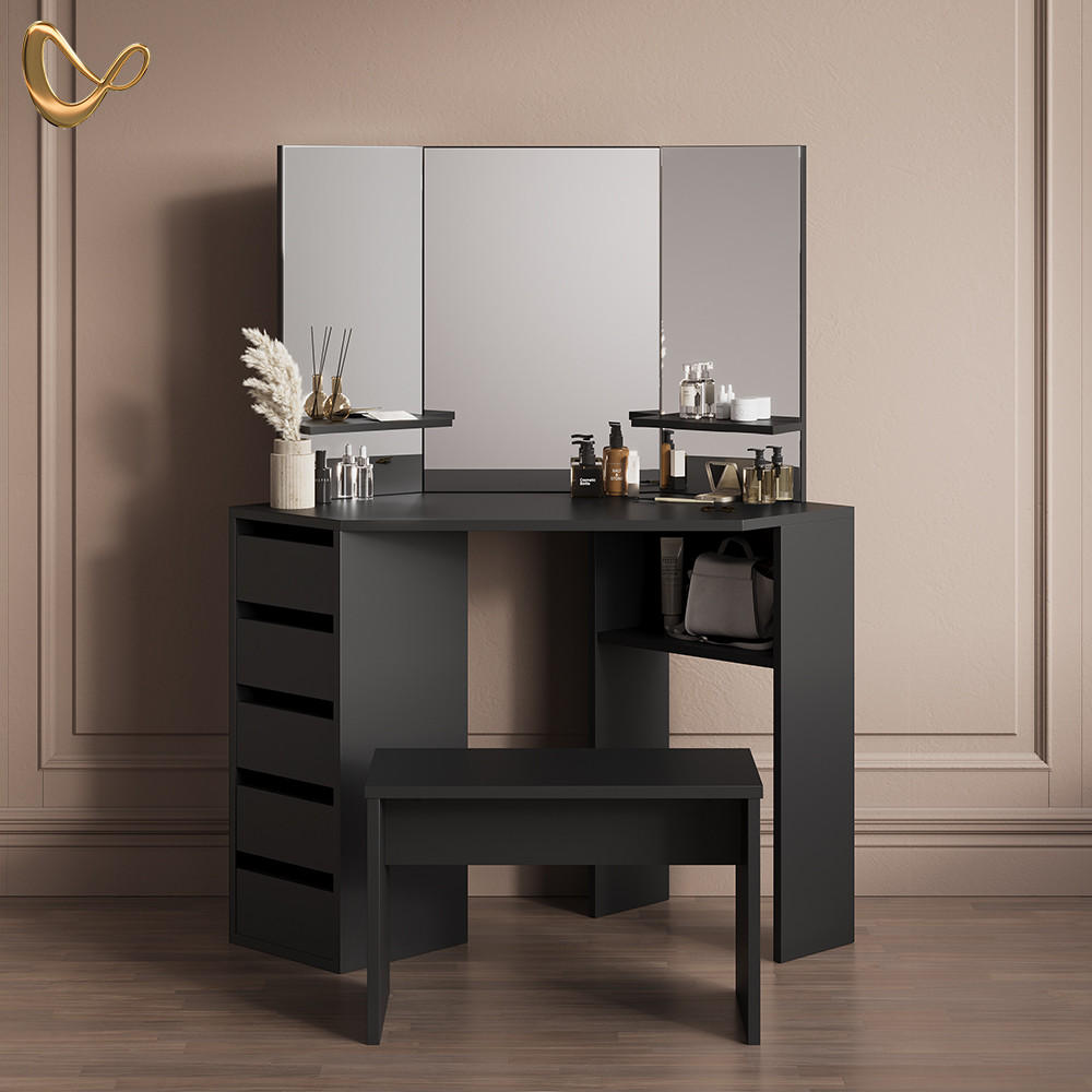 ECKSCHMINKTISCH Enna Schwarz 110 cm mit Bank - Schwarz, Holzwerkstoff (110/141.5/54cm) - Livinity®