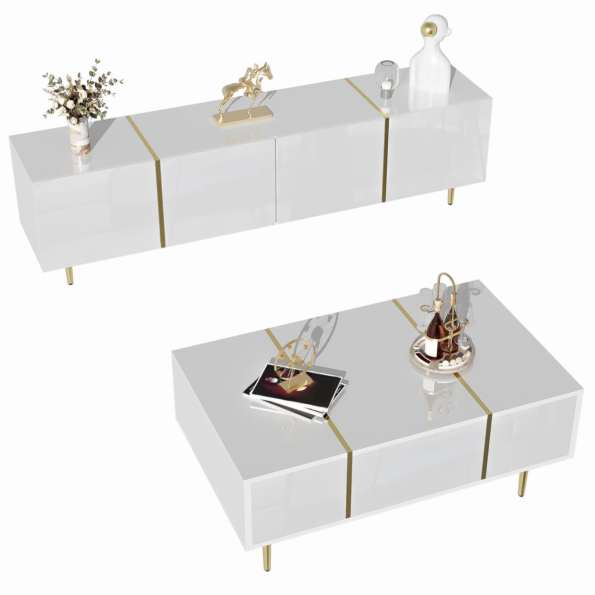 SIDEBOARD mit Hochglanz-Oberfläche und Soft-Close-Türen Weiß - Goldfarben/Weiß, Holzwerkstoff/Metall (170/46/35cm) - EVRYAE