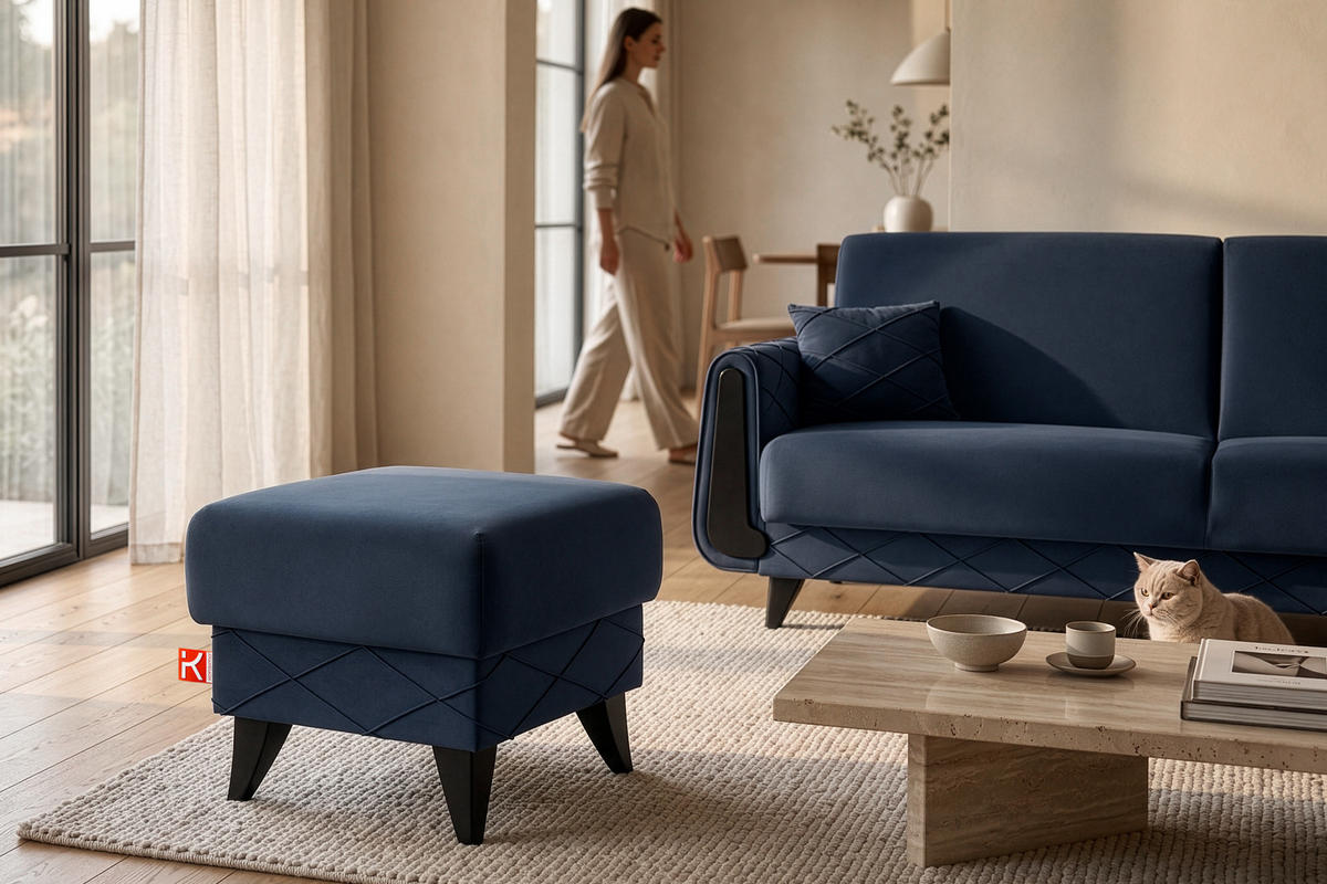 HOCKER GUSTAVO III Fußstütze, Velours, Dunkelblau - Dunkelblau, Holz/Holzwerkstoff (53/49/53cm) - KONSIMO®