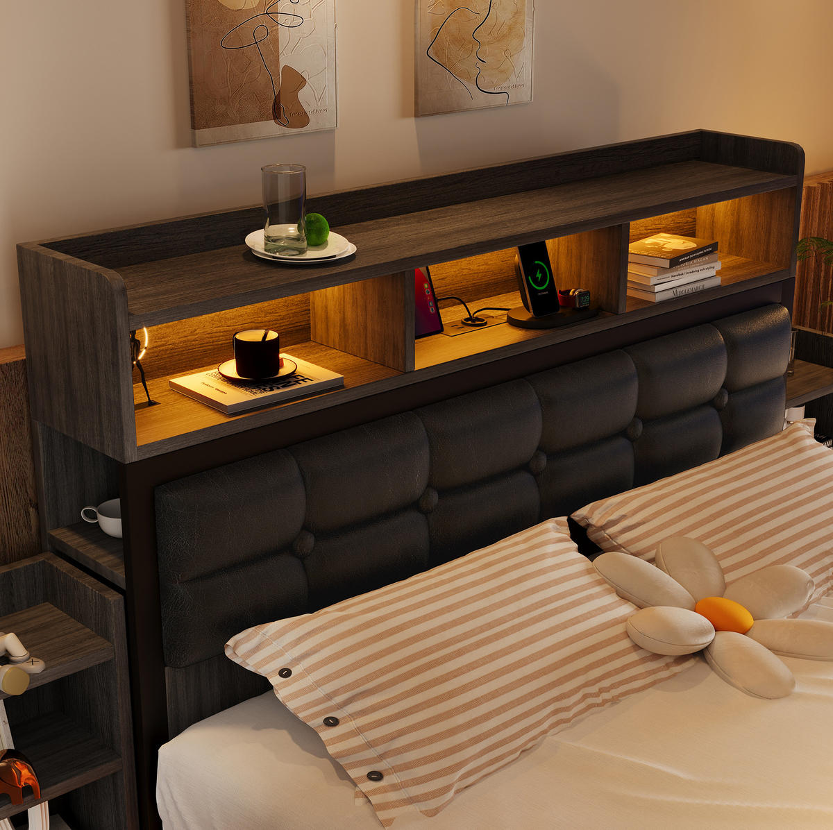 BETT 140/190 cm mit Kopfteil, LED und Lattenrost in Grau - Grau, Metall (140/190cm) - BEAOK
