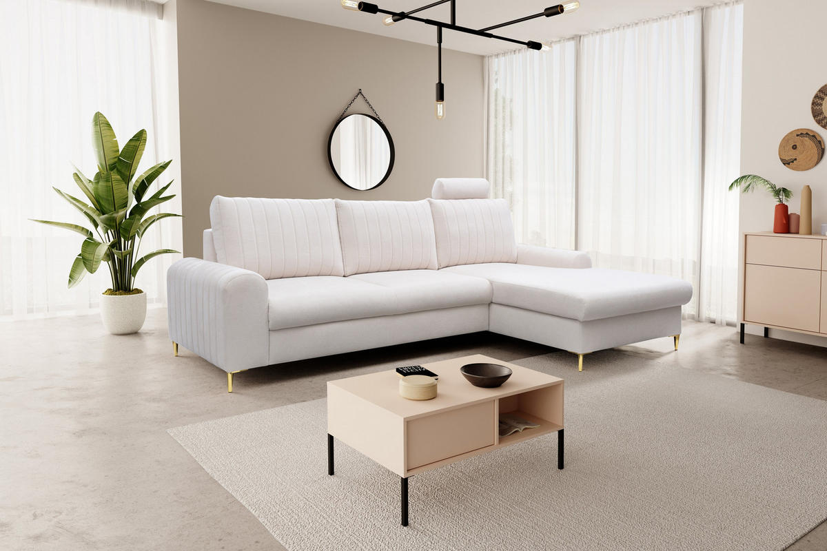 ECKSOFA VERONA R-S Creme Geflochtener Stoff mit Schlaffunktion - Creme, Holz (251/164cm) - MASSENO