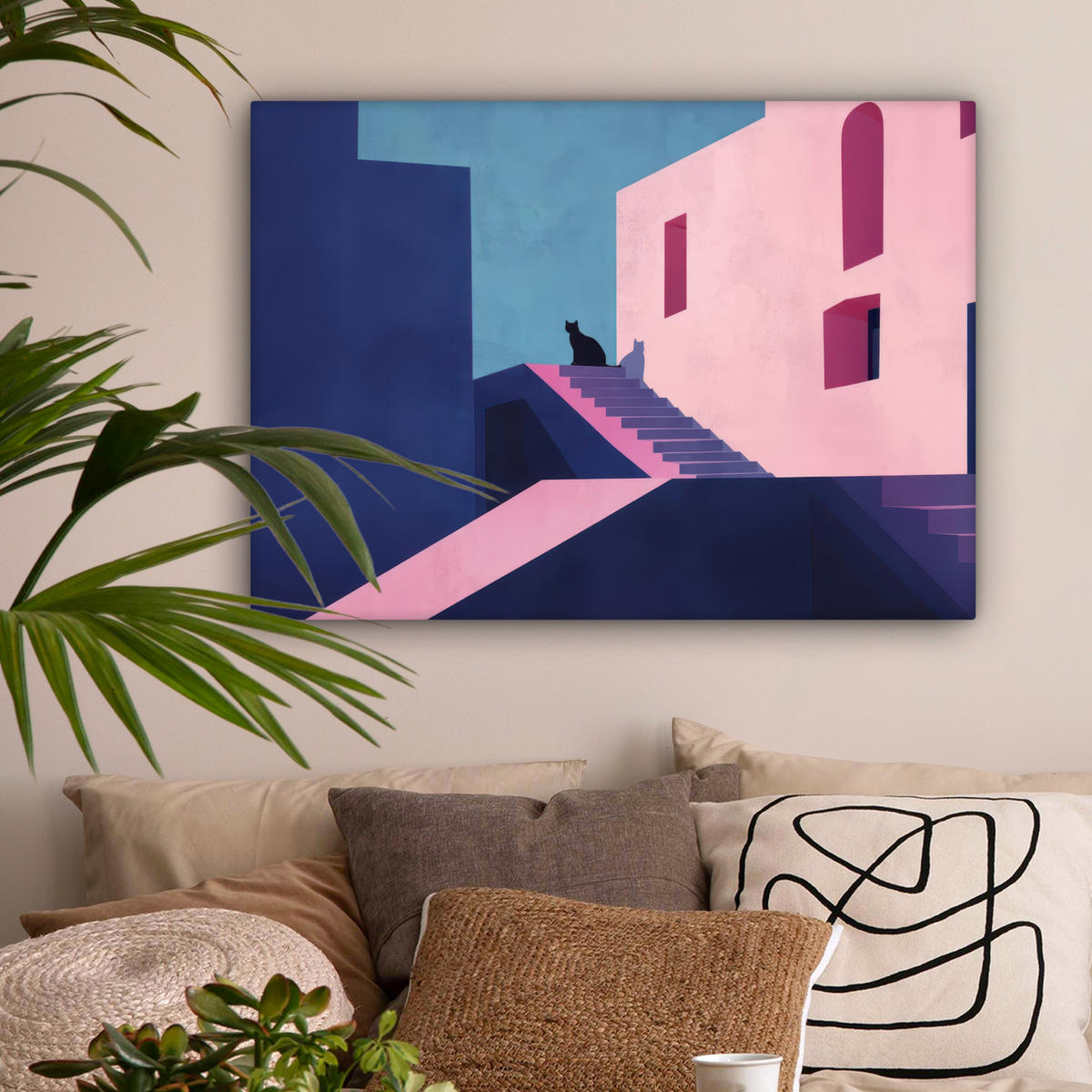 LEINWANDBILD Katze - Treppe - Gebäude - Schattenkontraste Wandbilder 80x60 cm - Dunkelblau, Textil (80/60cm) - MuchoWow