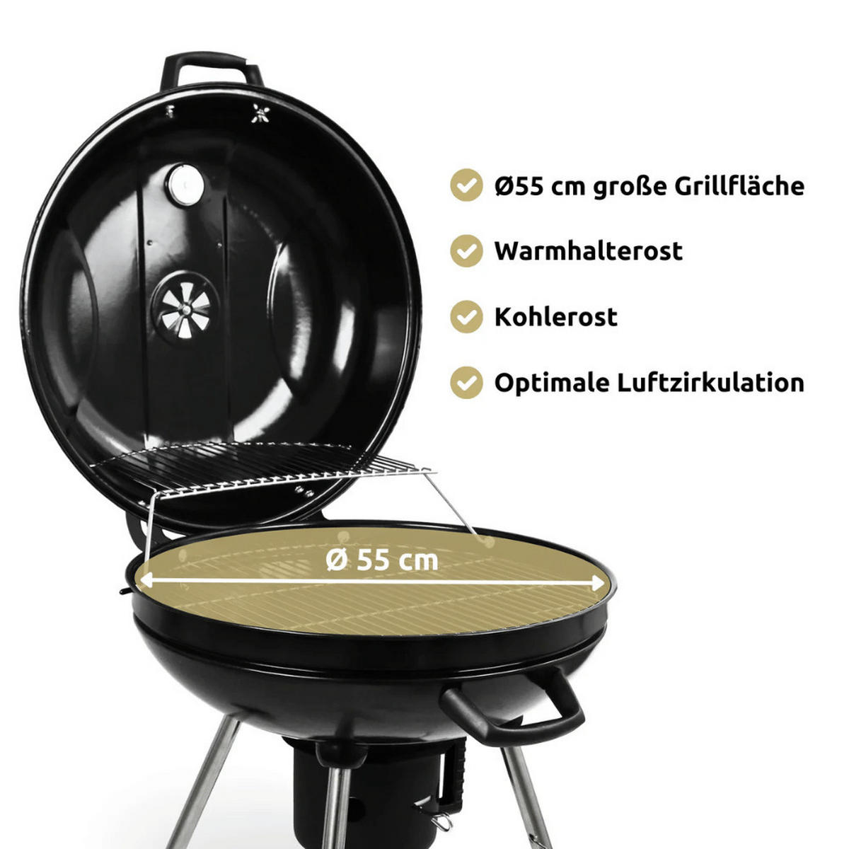 KUGELGRILL Holzkohle ENNO BBQ Grill Holzkohlegrill Schwarz - Schwarz, Metall (58.7/86/63.5cm) - DELUKE